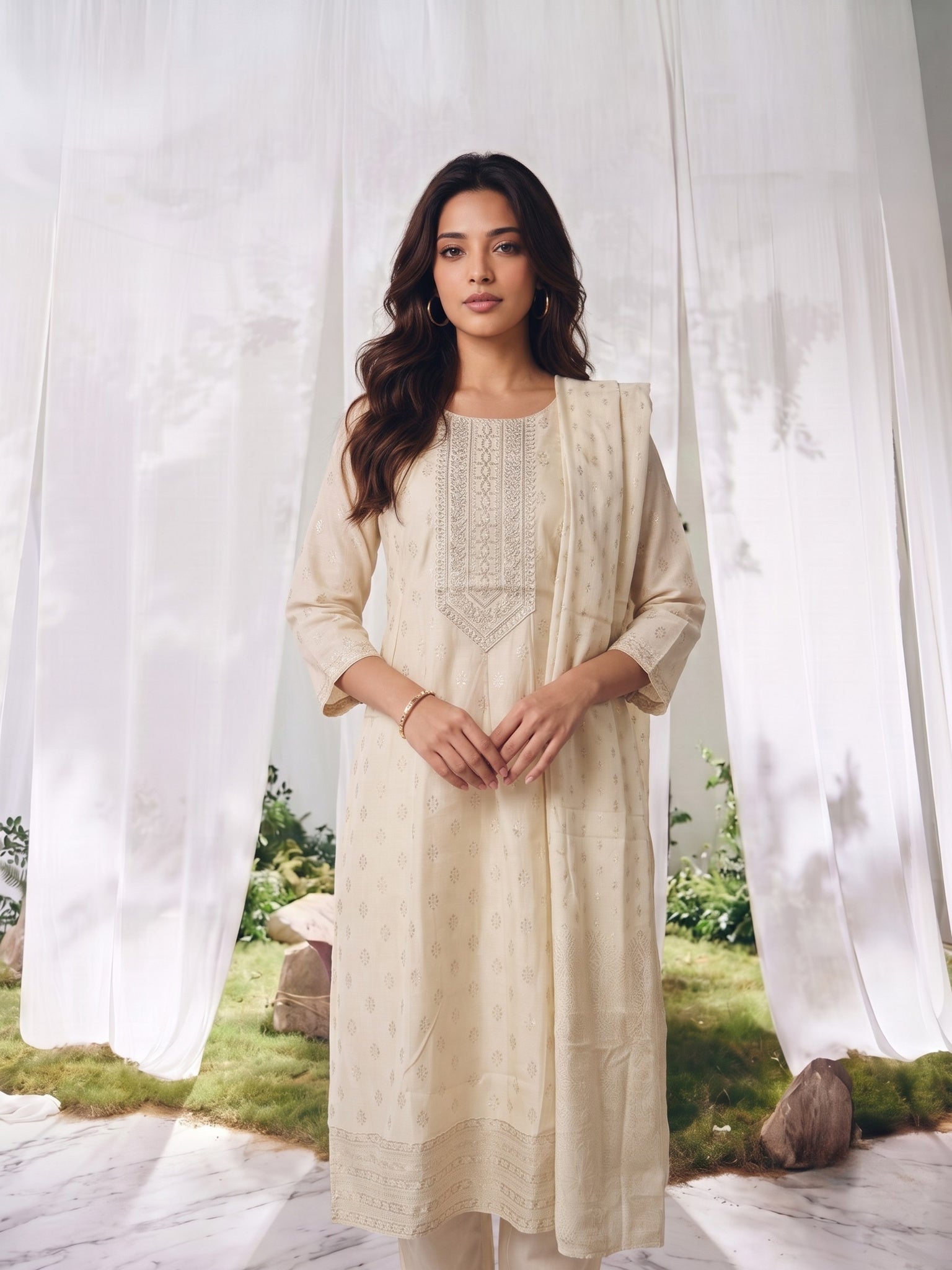 Viscose Embroidered Straight Calf Length Kurta With Pant and Dupatta