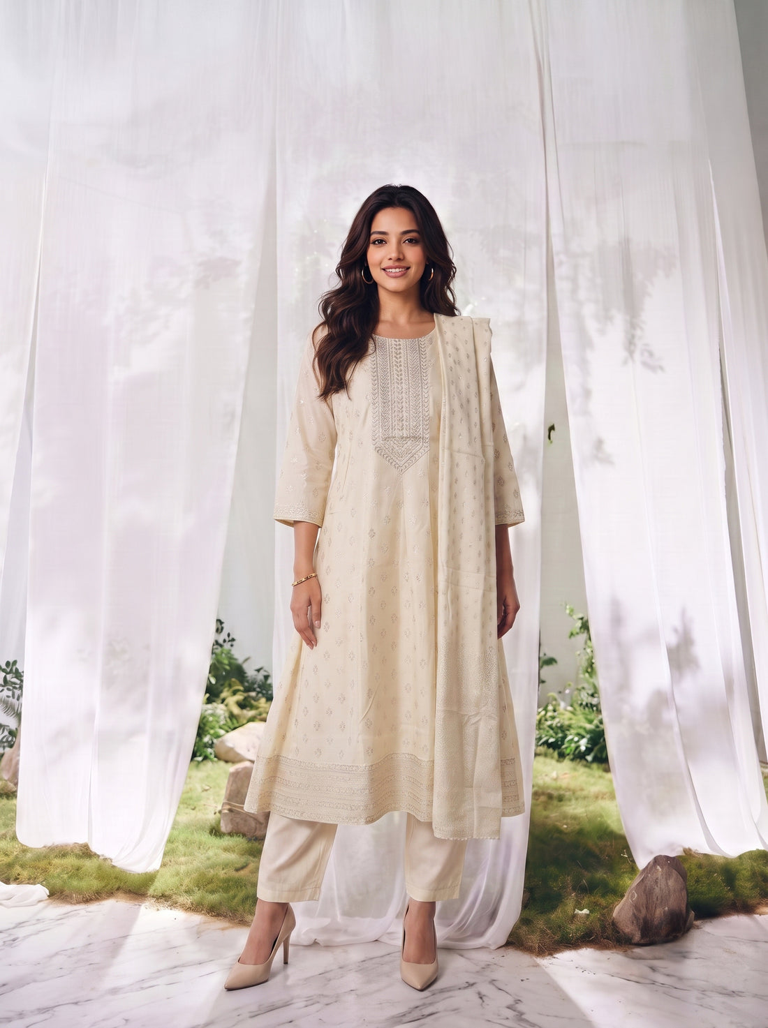 Buy Viscose Embroidered Straight Calf Length Kurta With Pant and Dupatta-Cream