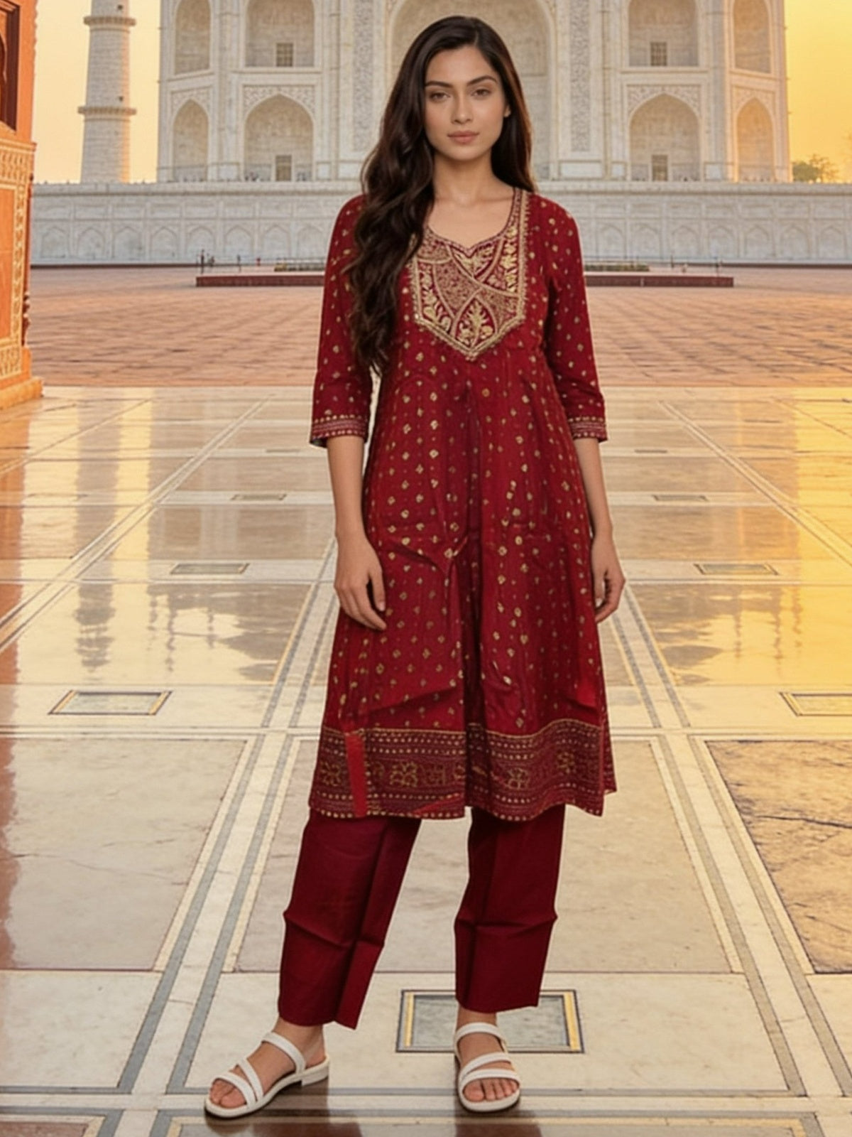 Poly Viscose Embroidered Anarkali Calf Length Kurta With Pant and Dupatta