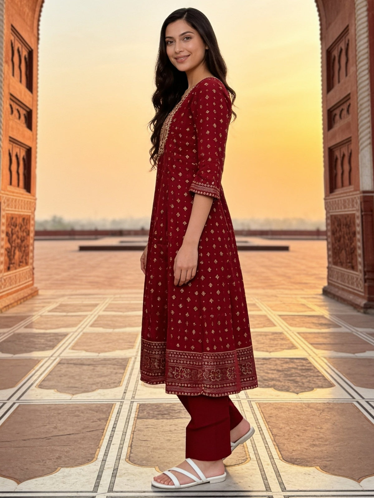 Poly Viscose Embroidered Anarkali Calf Length Kurta With Pant and Dupatta