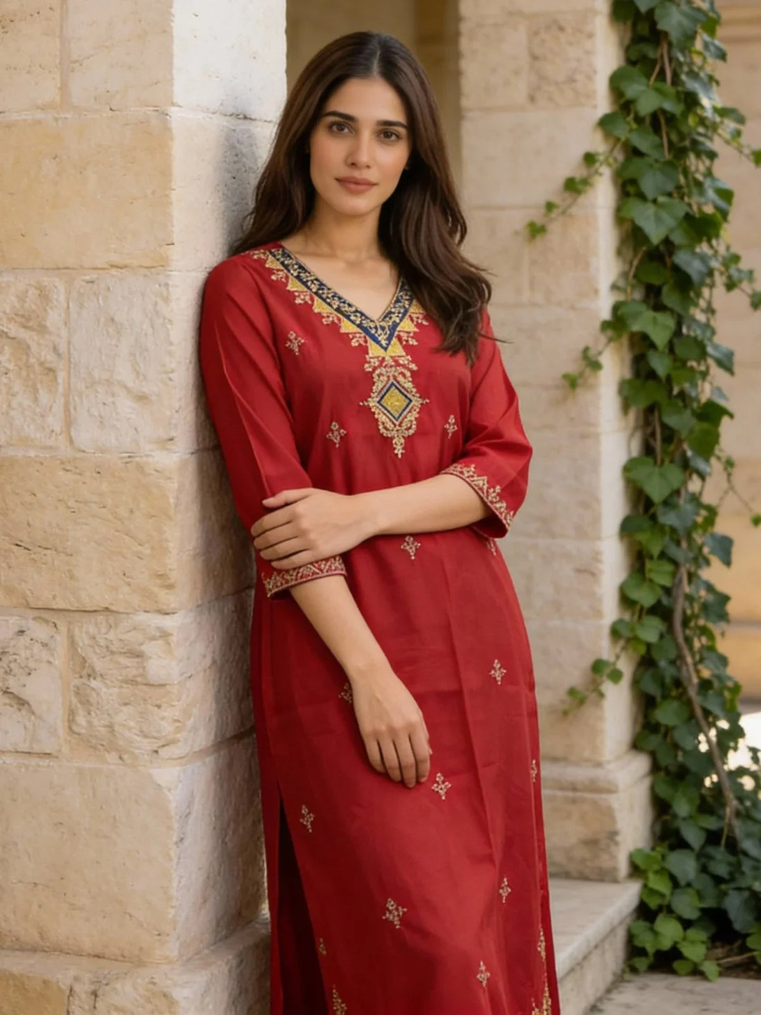 Buy Poly Viscose Embroidered Straight Calf Length Kurta and Pant with Dupatta-Pink