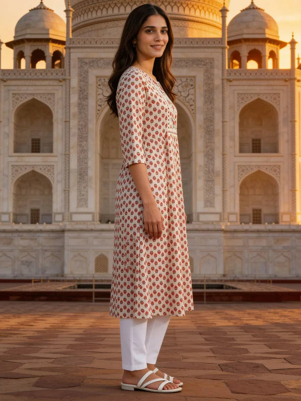 Buy Cream Rayon Embroidered Anarkali Calf Length Kurta-Cream & Red
