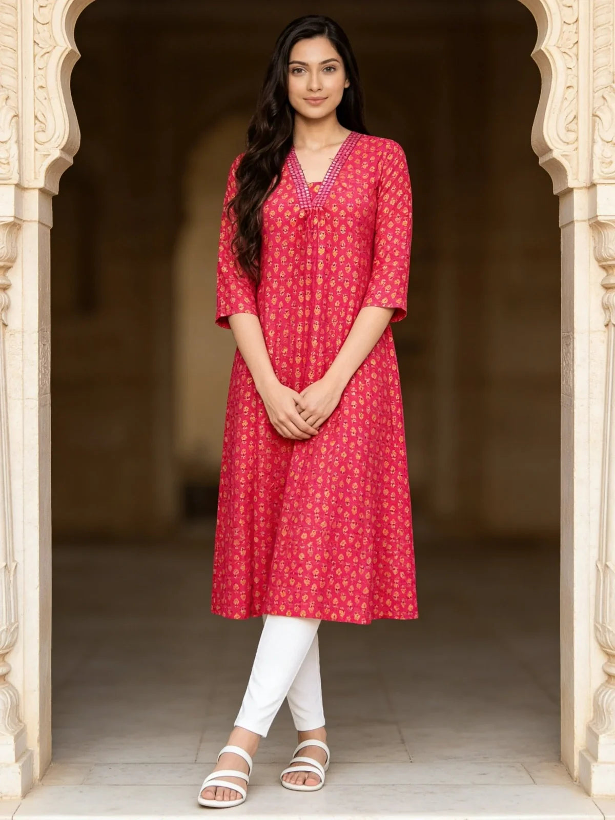 Rayon Embroidered A-Line Calf Length Kurta
