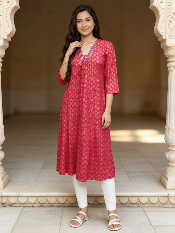 Buy Pink Rayon Embroidered A-Line Calf Length Kurta-Rani Pink & Gold