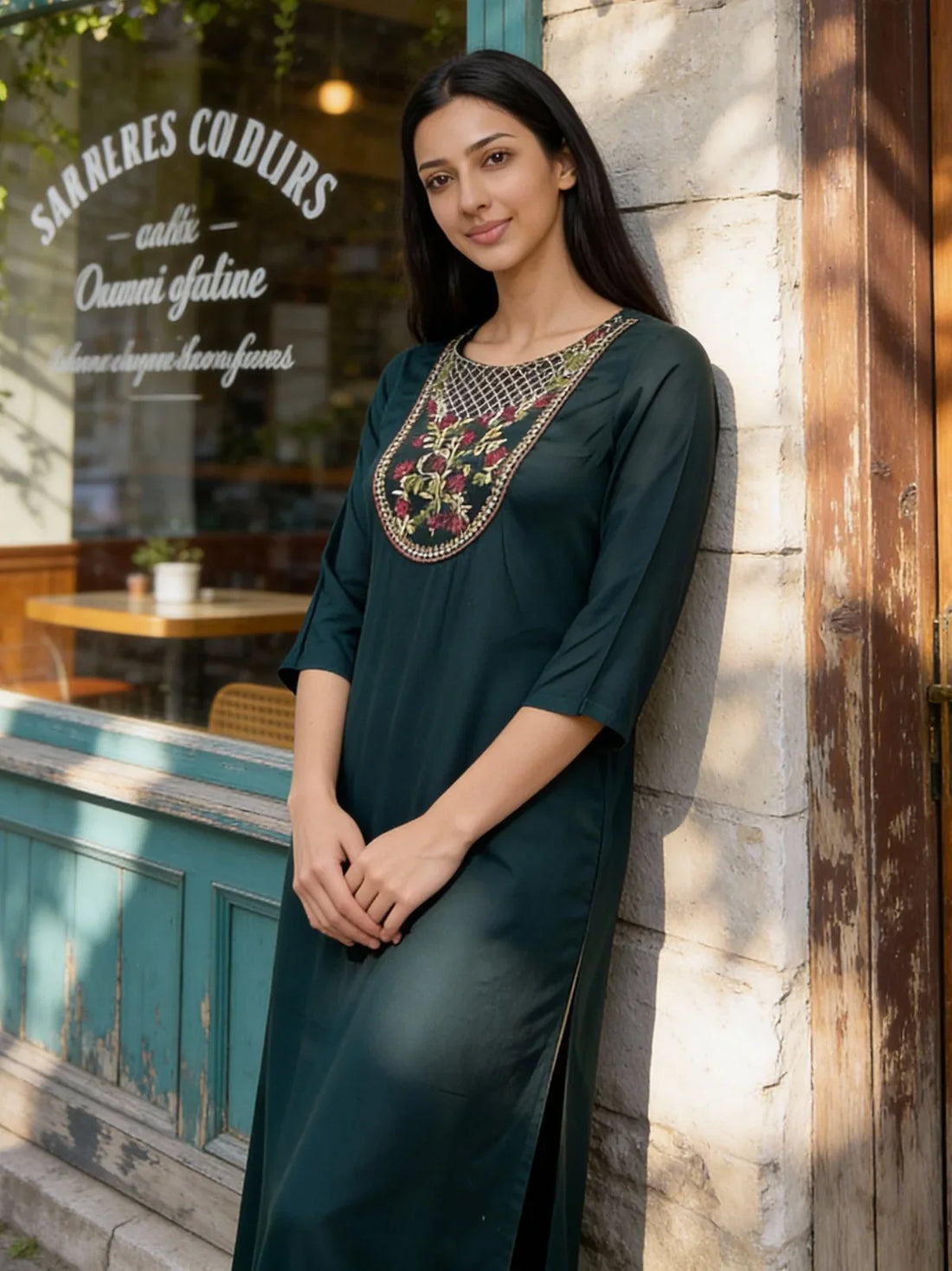 Buy Rayon Embroidered Straight Calf Length Kurta-Green