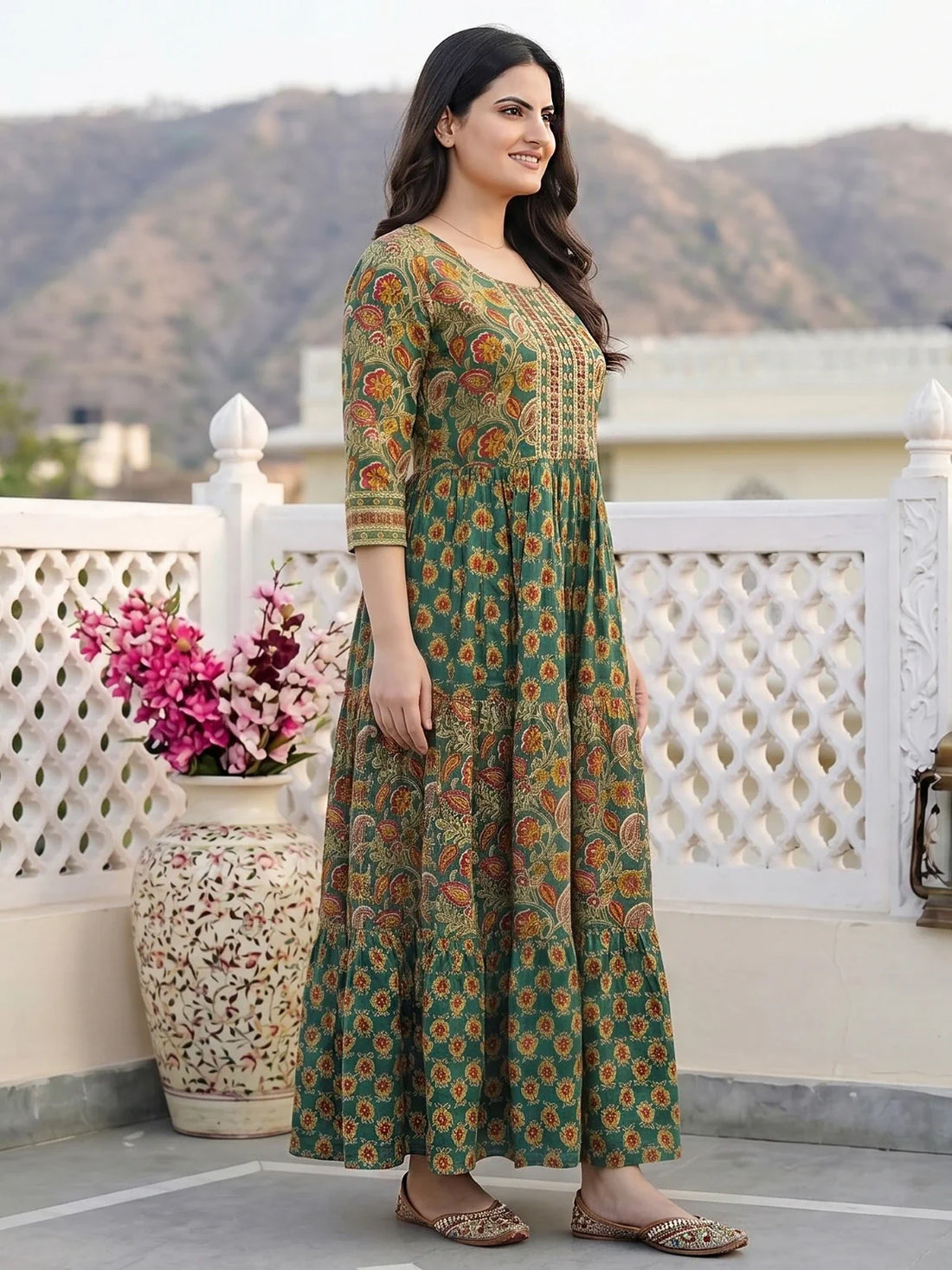 Buy Cotton Printed Flared Calf Length Dress-Green