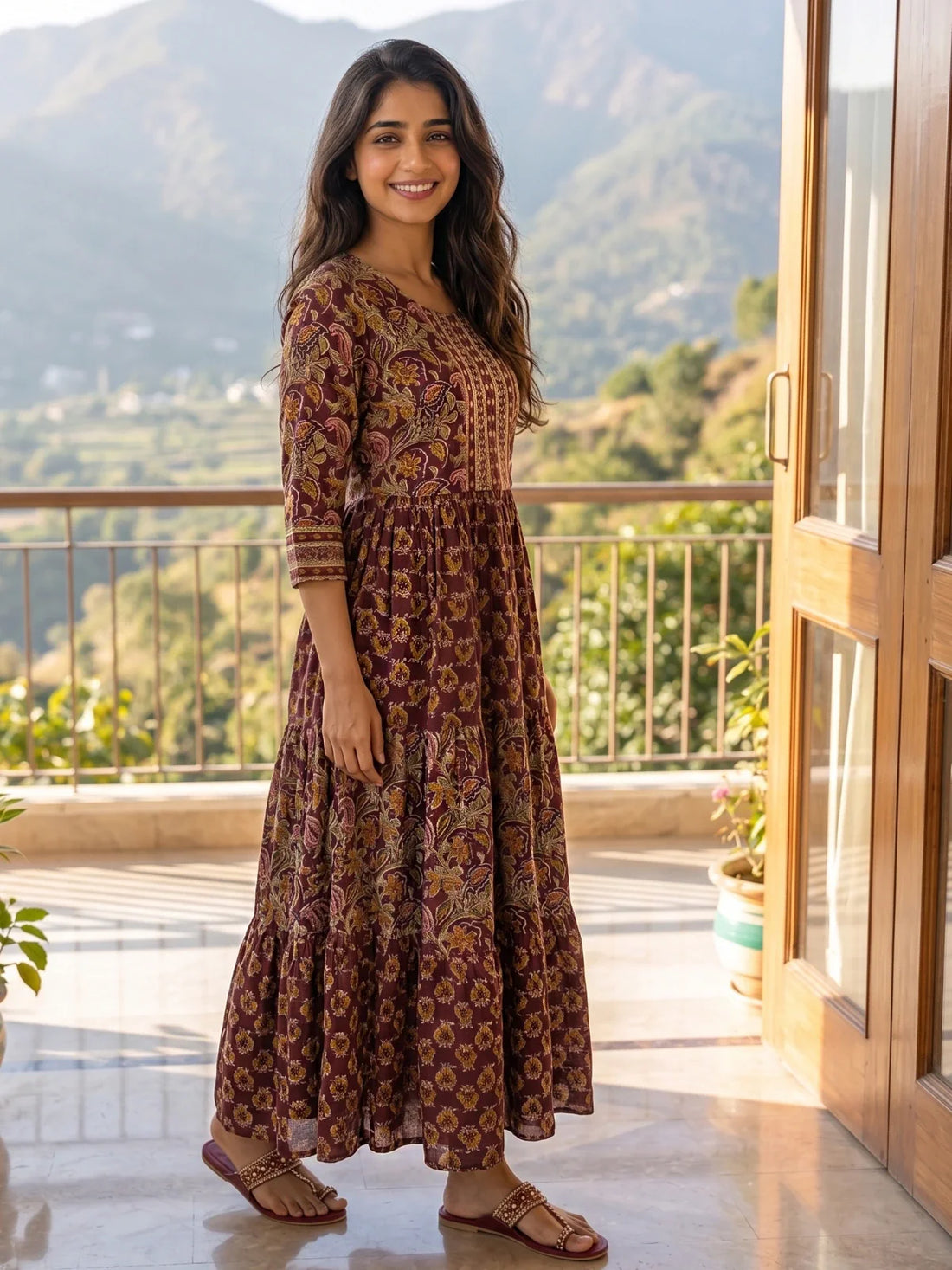 Buy Cotton Printed Flared Calf Length Dress-Purple