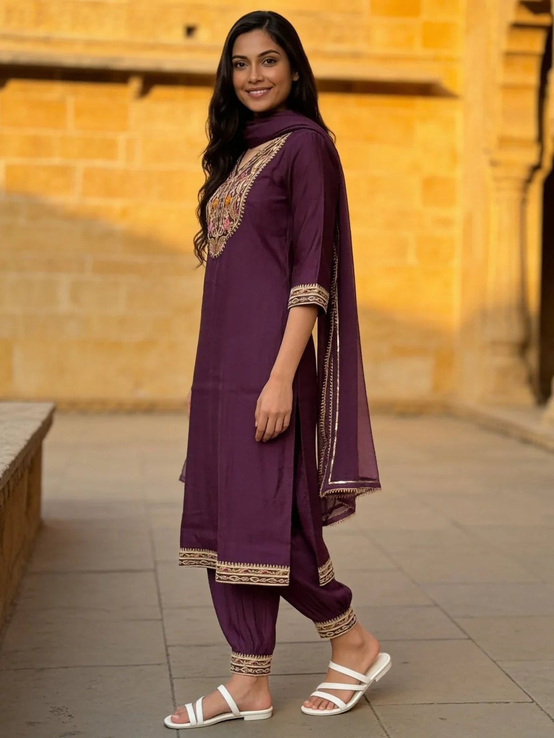 Buy Viscose Embroidered Straight Calf Length Kurta With Pant and Dupatta-Purple