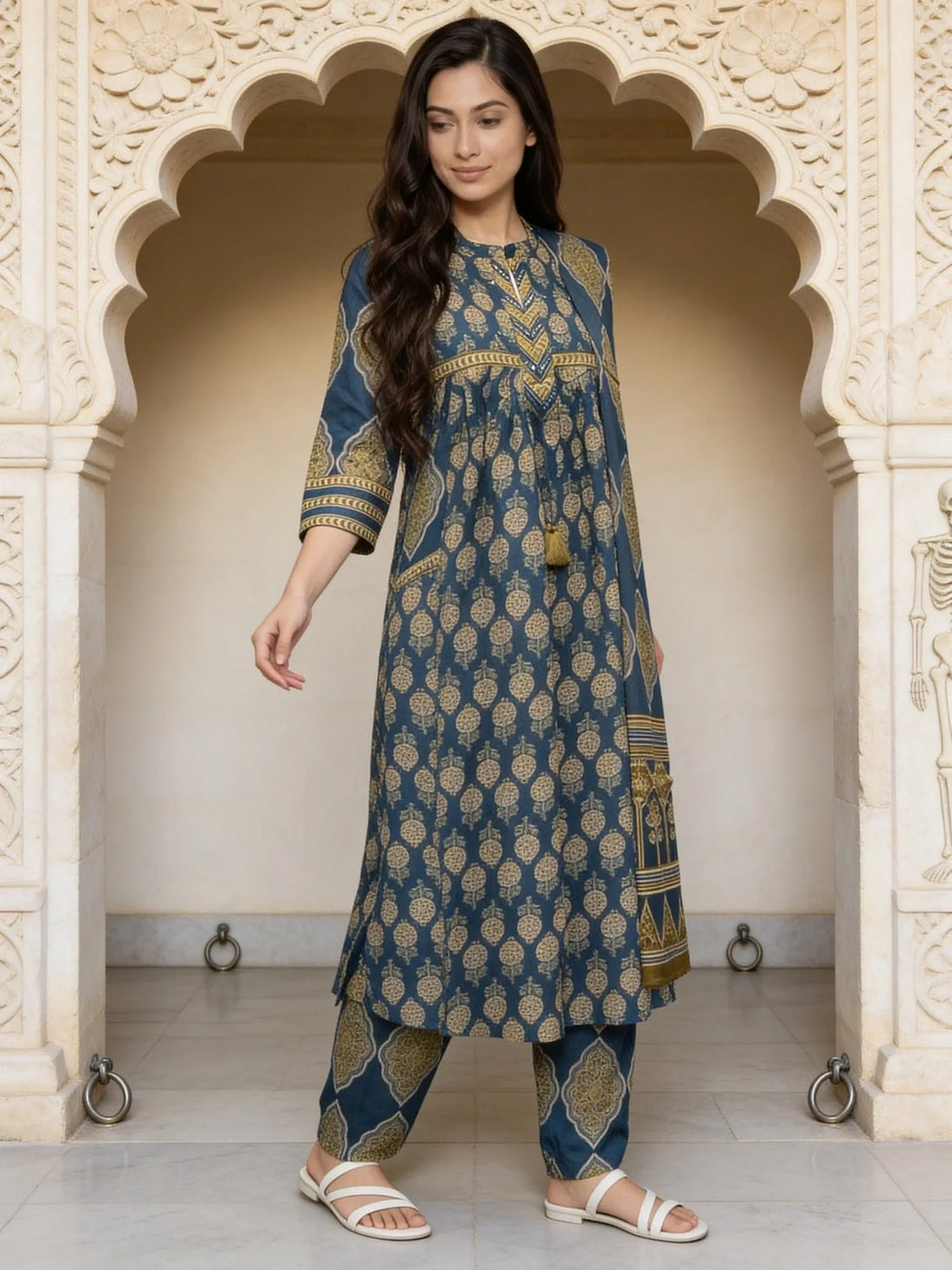Buy Cotton Printed A-Line Calf Length Kurta With Pant and Dupatta-Blue