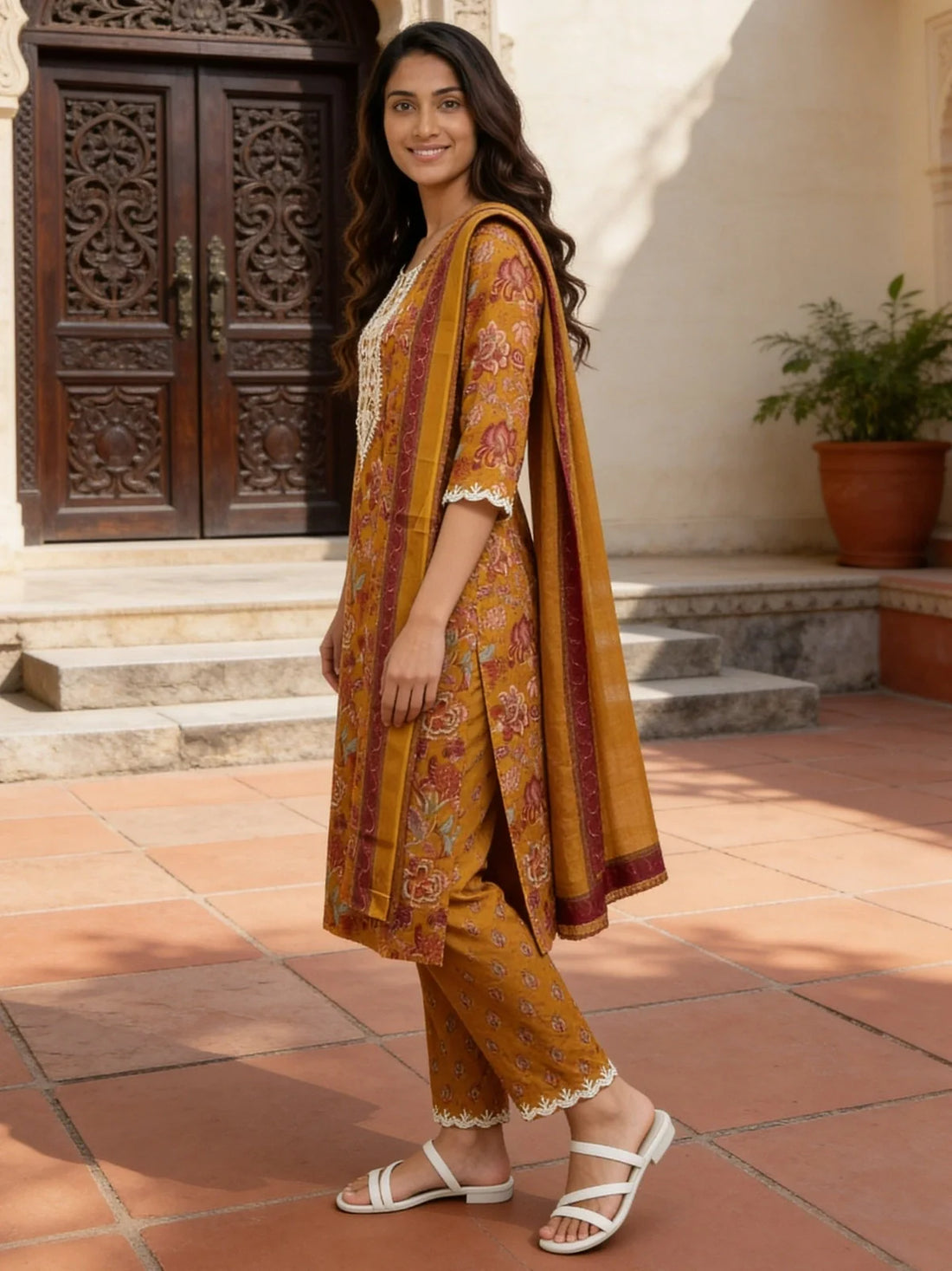 Buy Cotton Embroidered A-Line Calf Length Kurta With Pant and Dupatta-Mustard