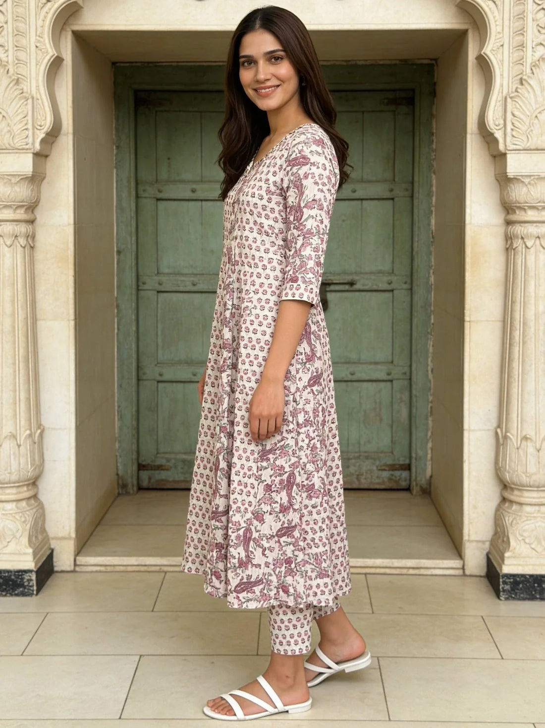 Buy Cotton Printed Anarkali Calf Length Kurta With Pant and Dupatta-White