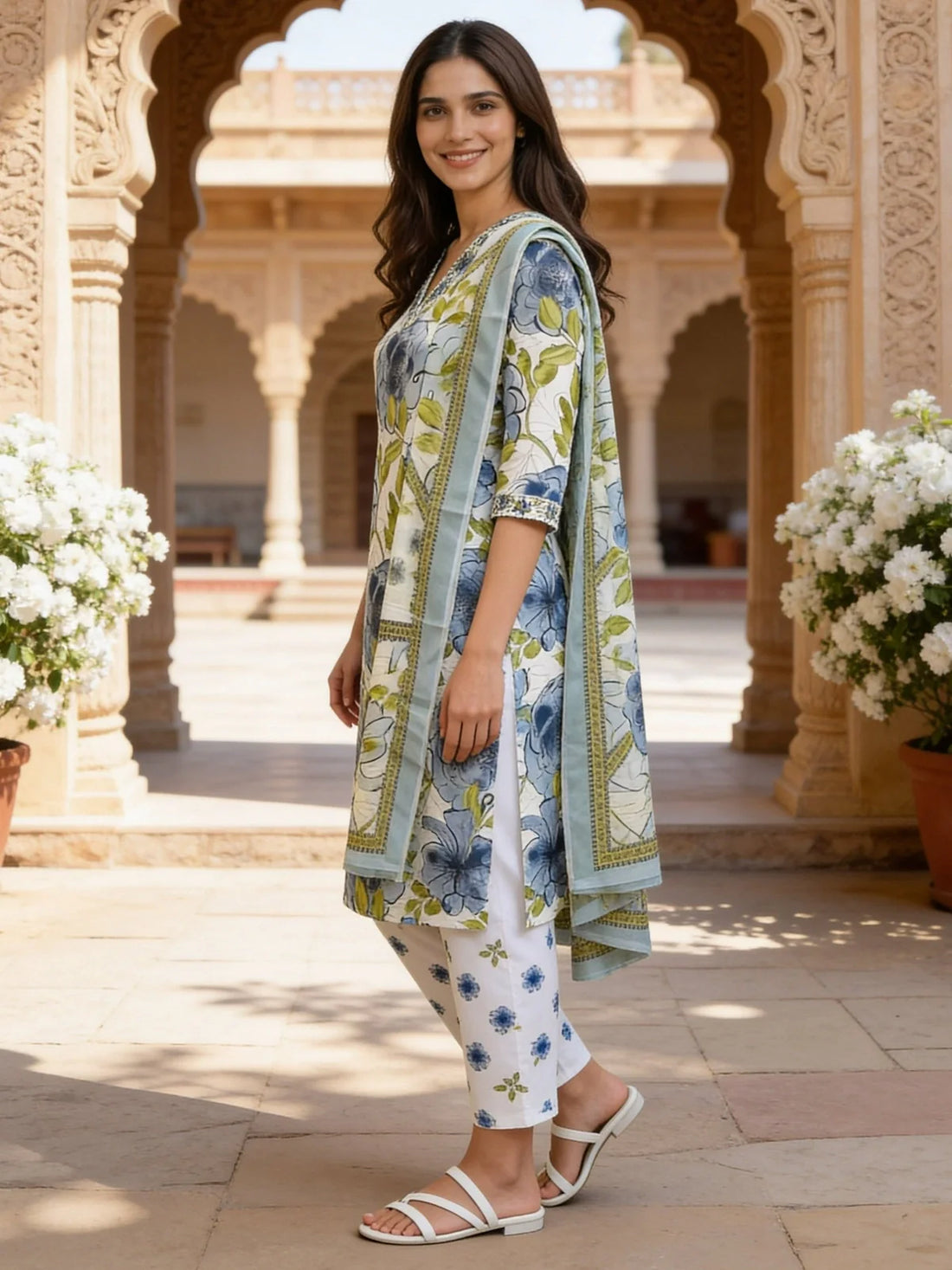Buy Cotton Embroidered Straight Calf Length Kurta With Pant and Dupatta-Grey