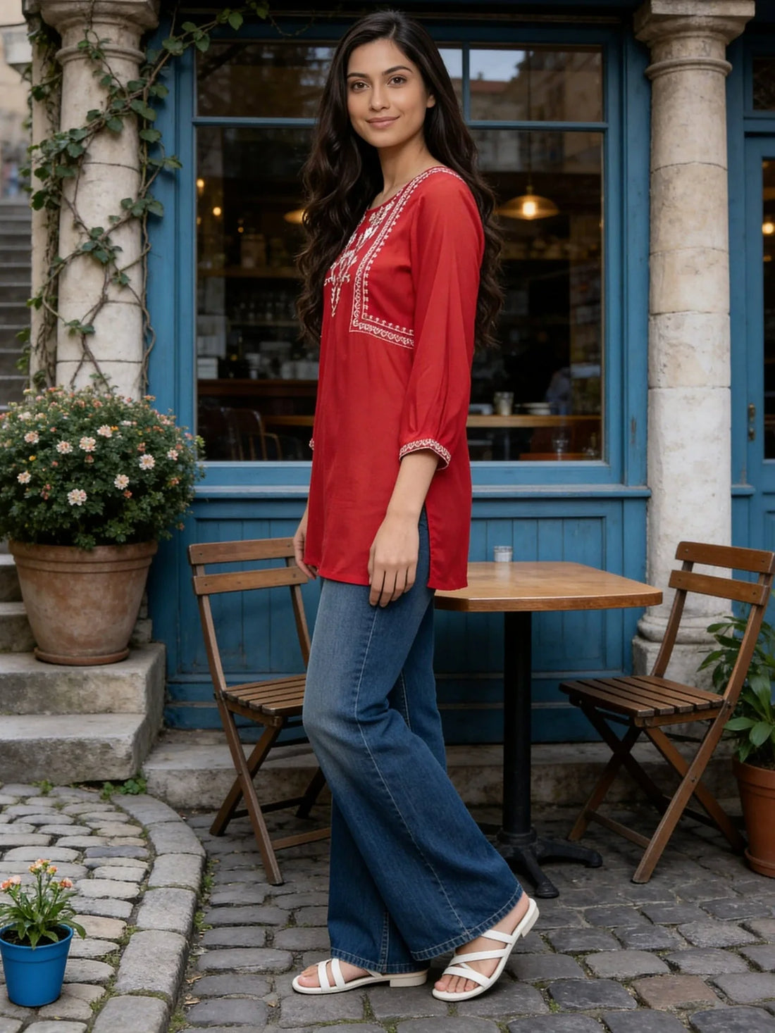 Buy Rayon Embroidered A-Line Short Length Short Kurta-Red