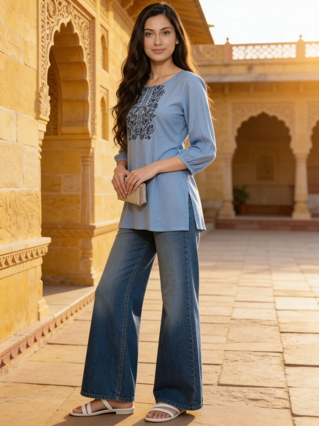 Buy Rayon Embroidered A-Line Short Length Short Kurta-Light Blue
