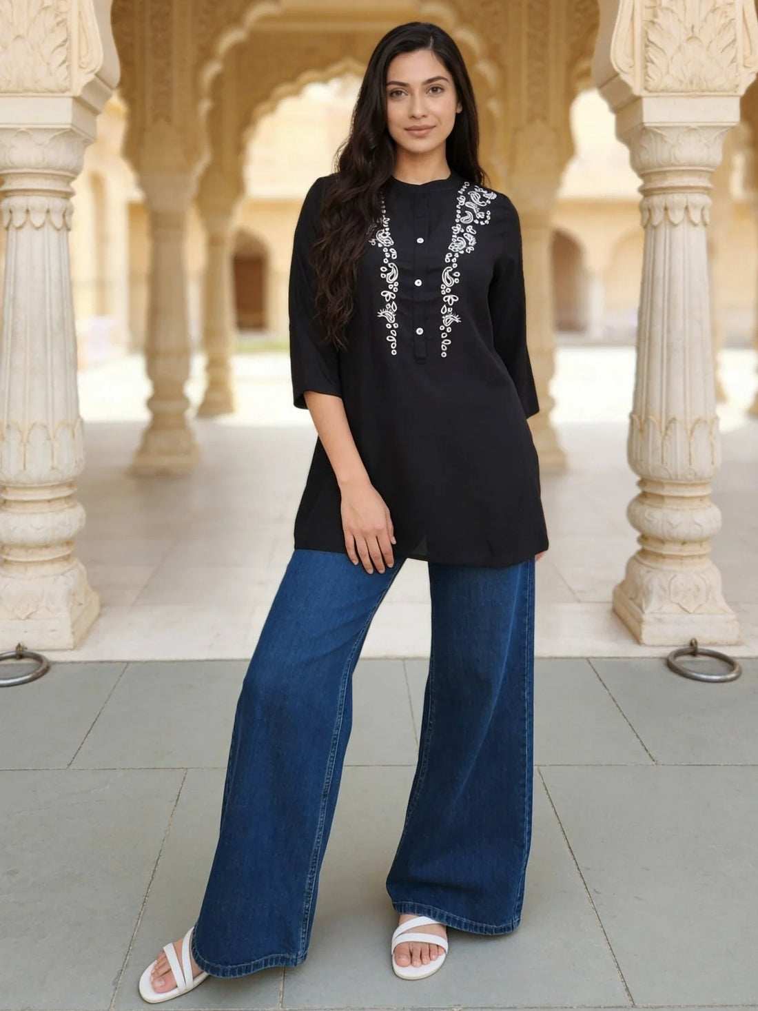 Buy Rayon Embroidered A-Line Short Length Short Kurta-Black