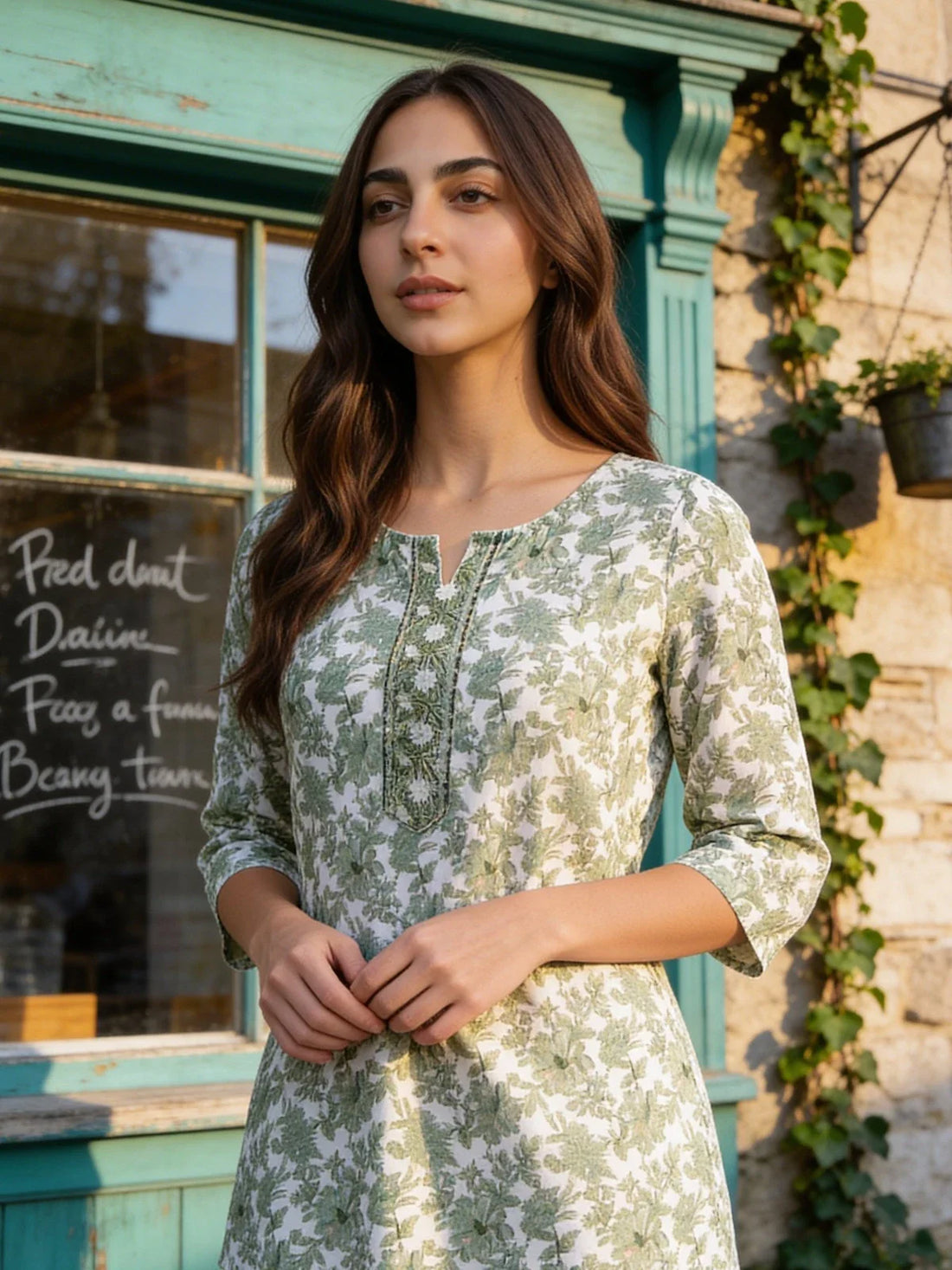 Buy Cotton Embroidered Straight Knee Length Kurta-Green