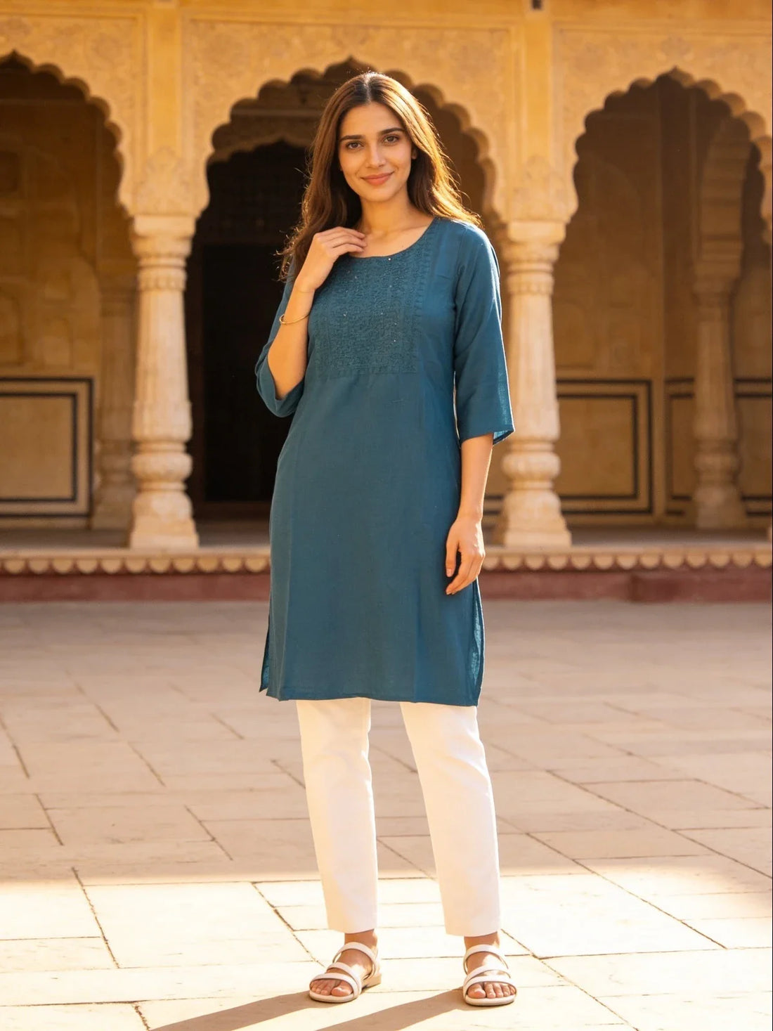 Buy Rayon Embroidered Straight Knee Length Kurta-Teal