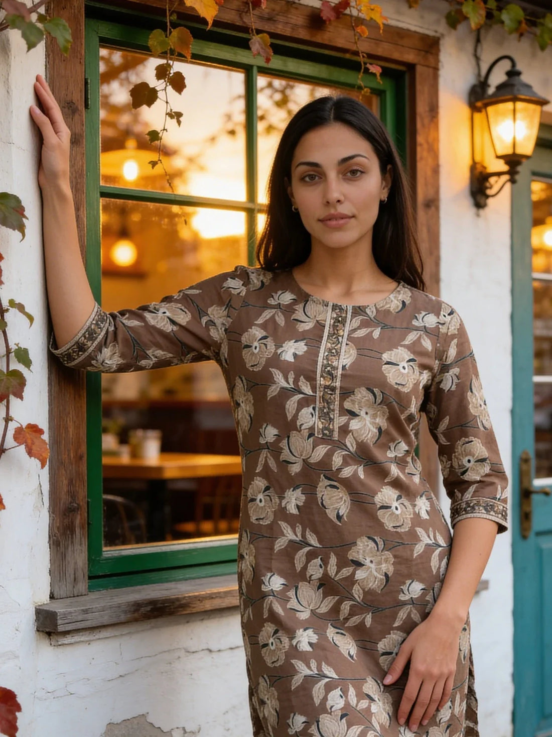 Buy Cotton Embroidered Straight Knee Length Kurta-Brown