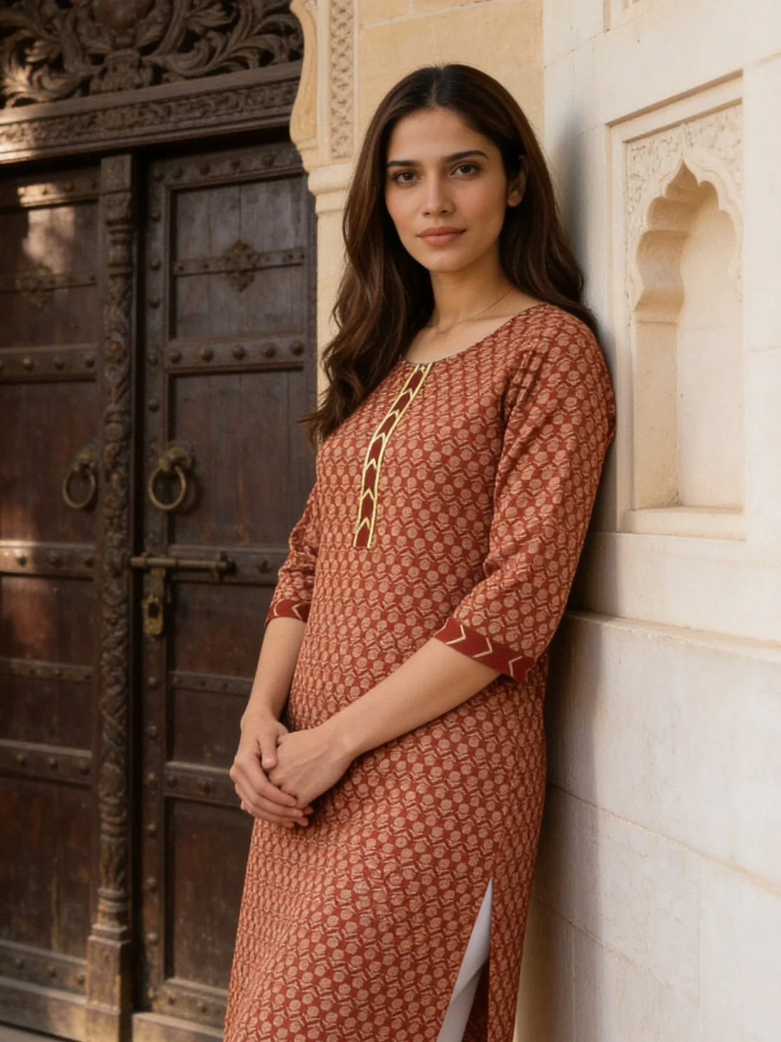 Buy Cotton Printed Straight Knee Length Kurta-Red