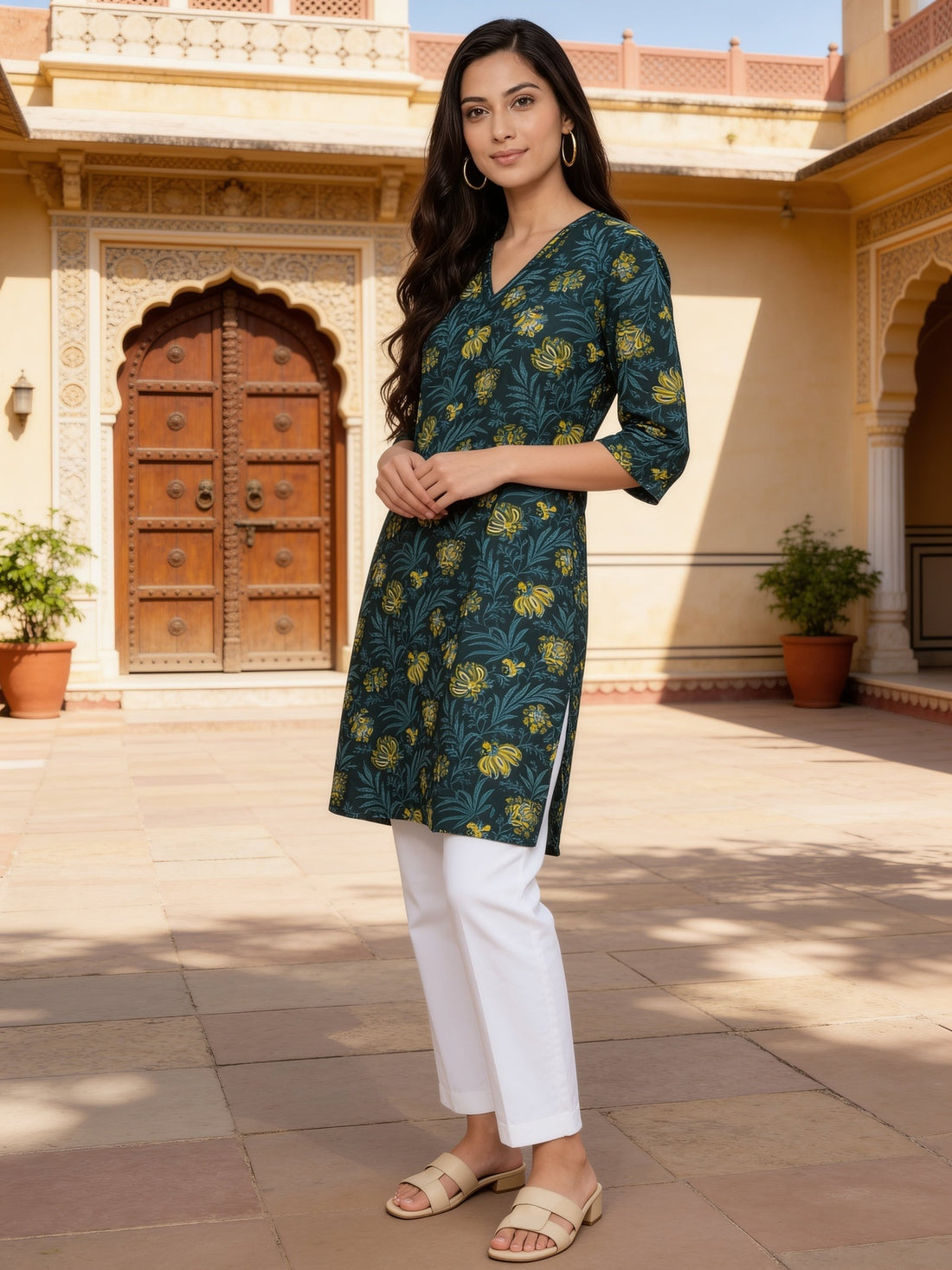 Buy Rayon Printed Straight Knee Length Kurta-Green