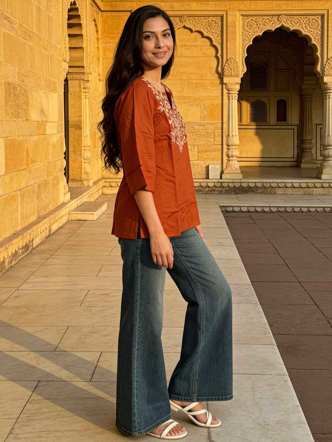 Buy Rayon Embroidered Straight Short Length Short Kurta-Rust