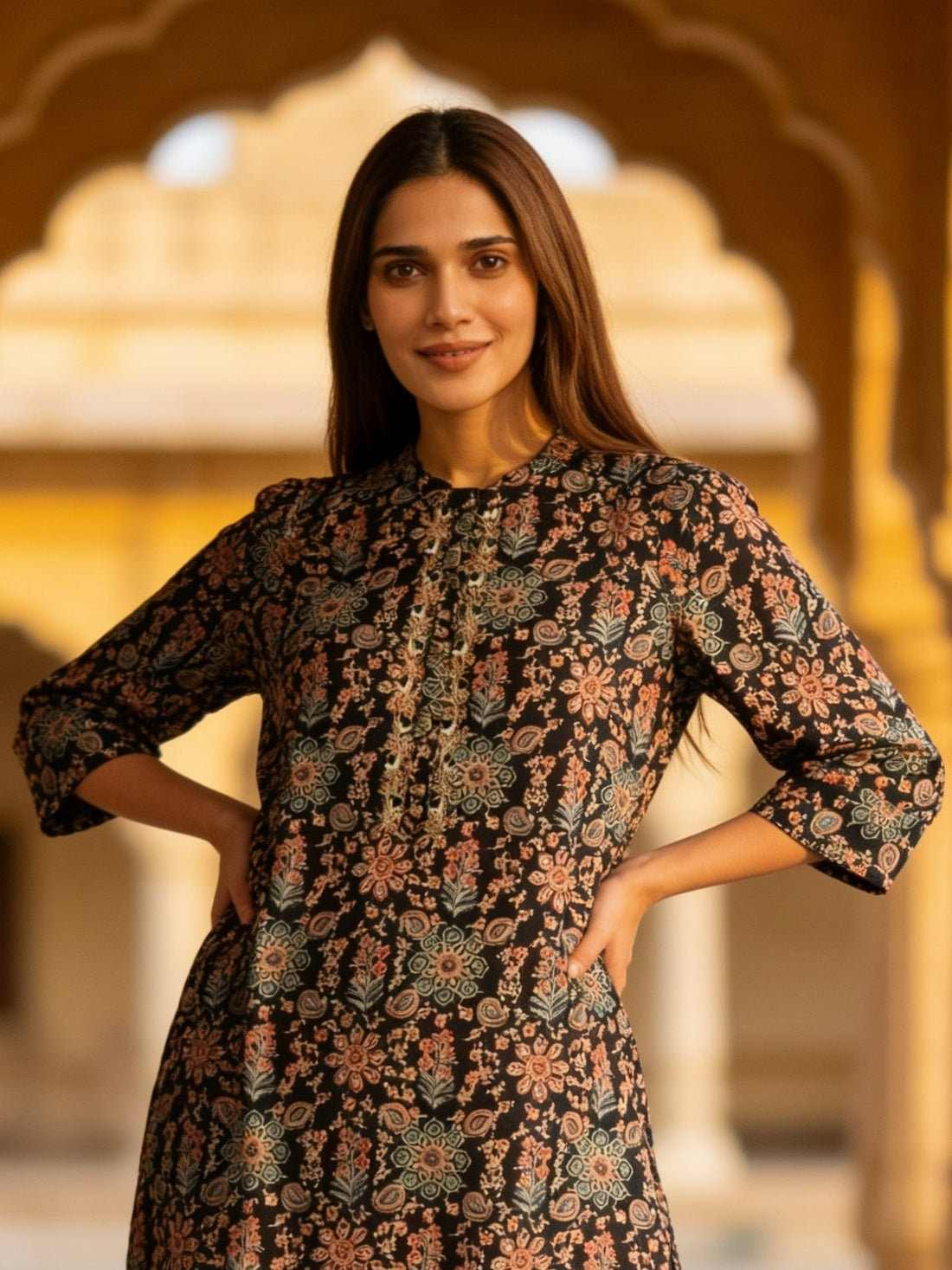 Buy Poly Viscose Printed Straight Calf Length Kurta With Pant and Dupatta-Black