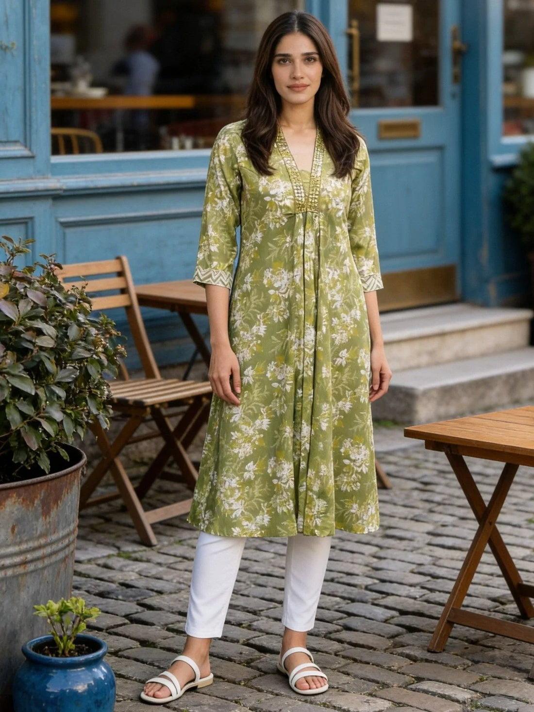 Buy Rayon Embroidered A-Line Calf Length Kurta-Green