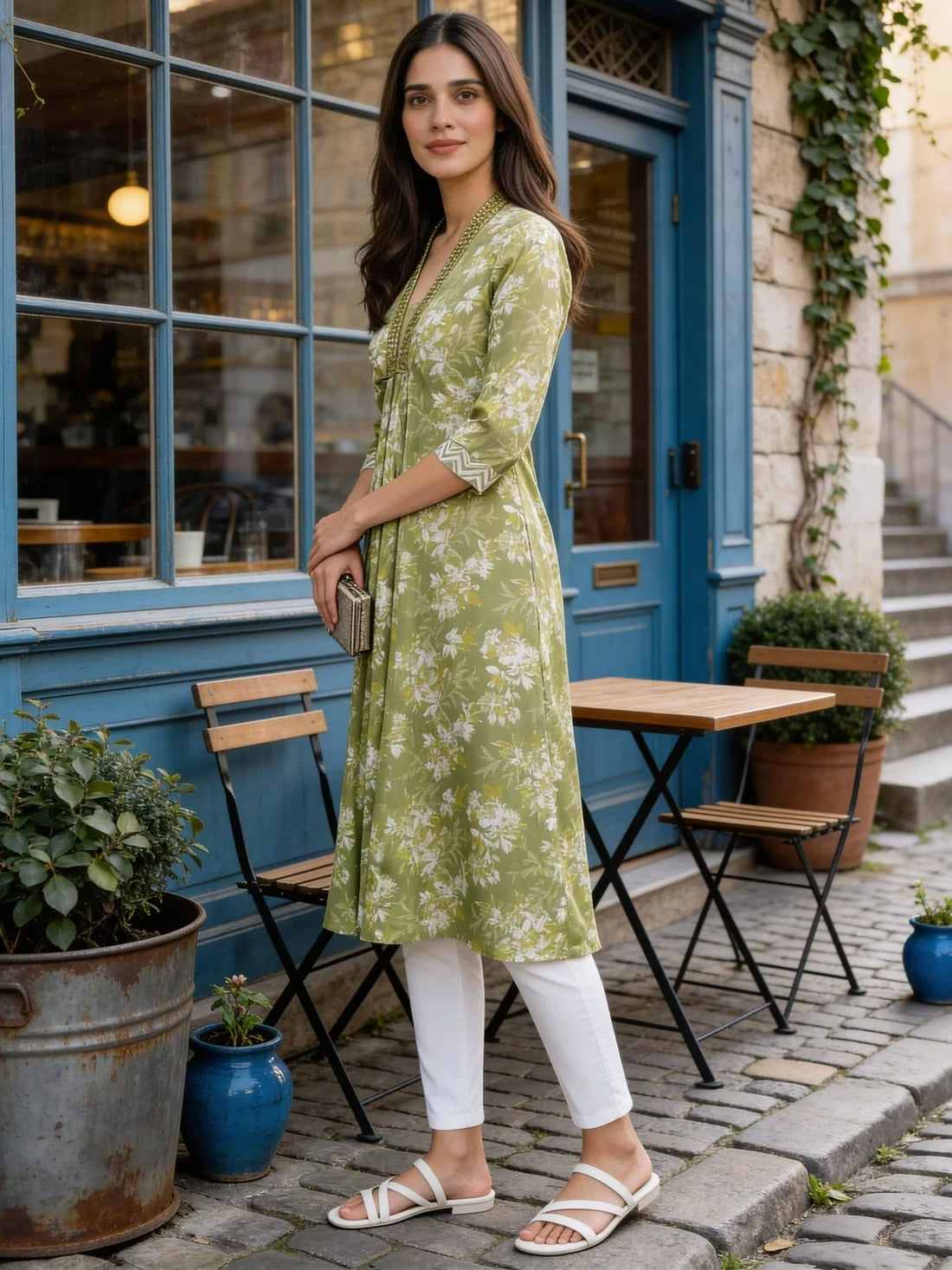 Buy Rayon Embroidered A-Line Calf Length Kurta-Green