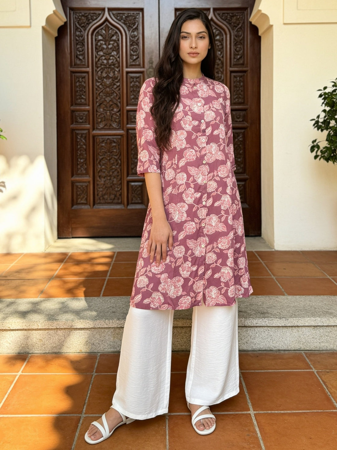 Buy Rayon Printed Straight Calf Length Kurta-Pink