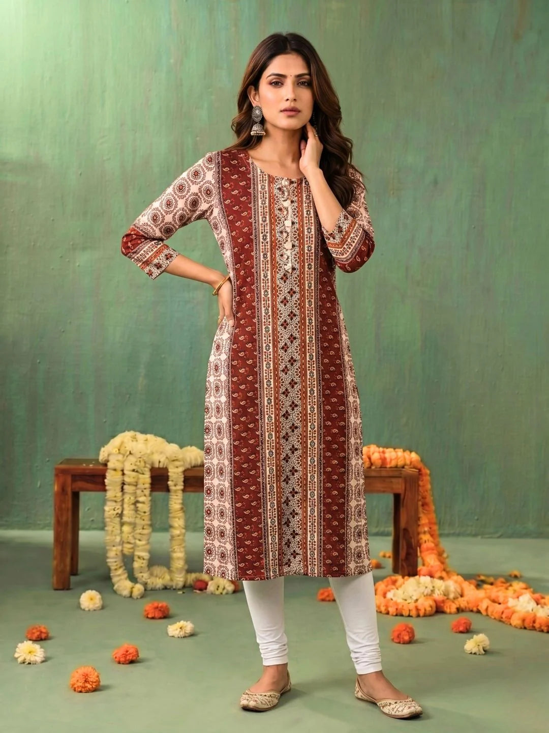 Buy Maroon Rayon Printed Straight Knee Length Kurta-Maroon