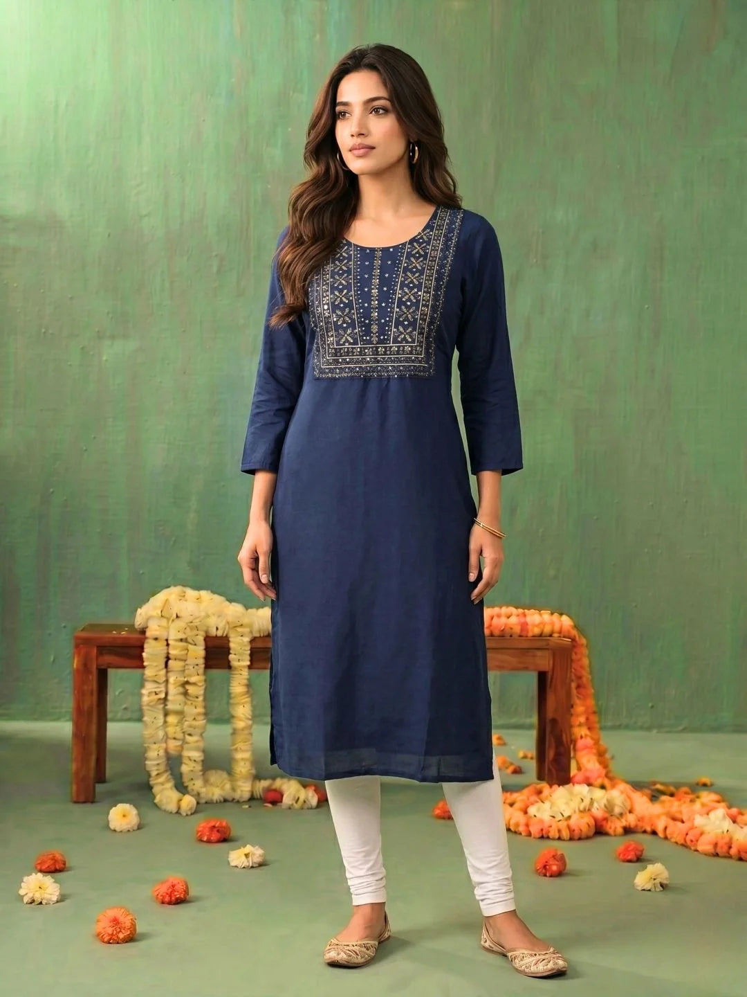 Buy Navy Rayon Embroidered Straight Knee Length Kurta-Navy