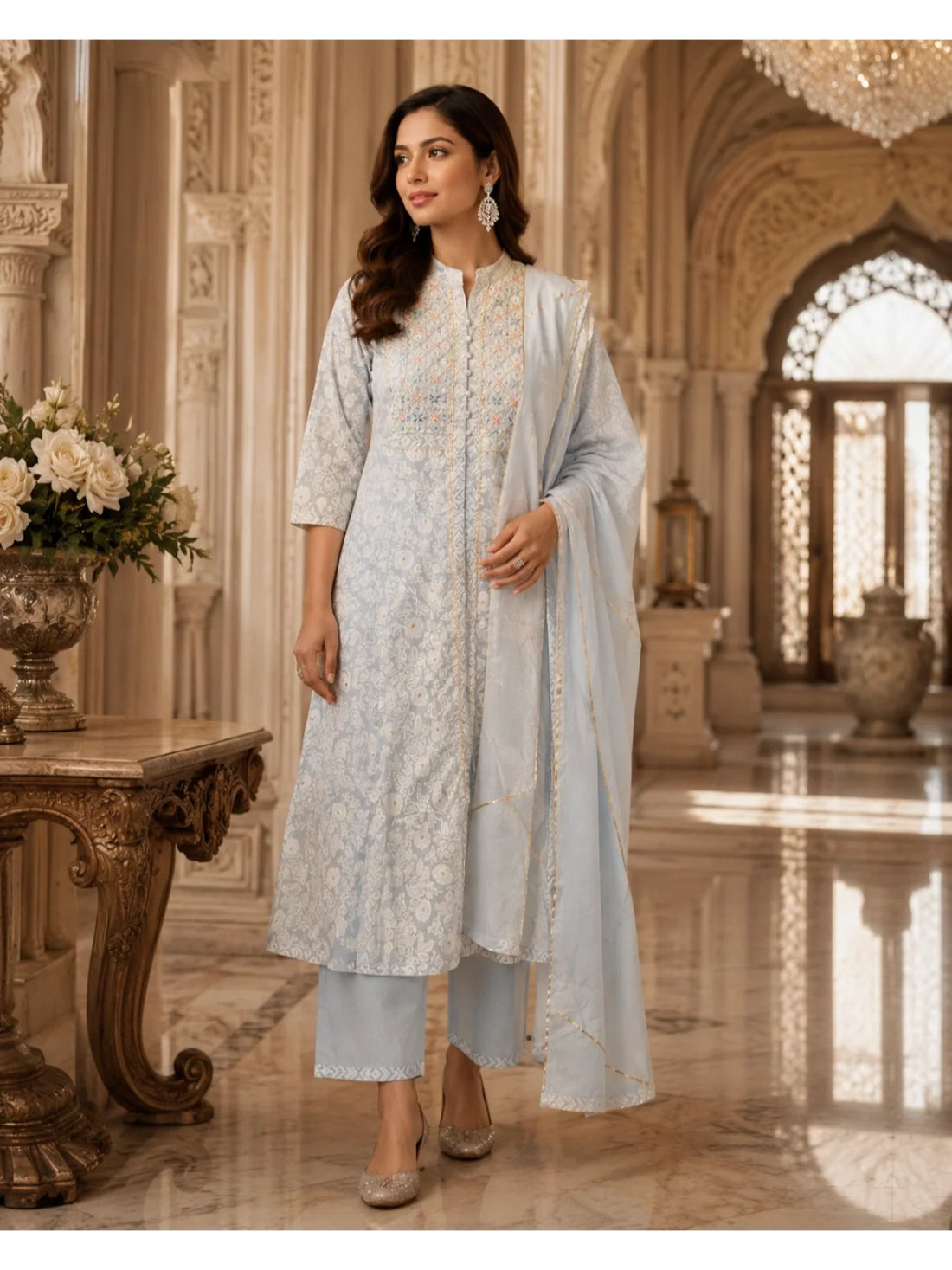 Buy Cotton Embroidered Anarkali Calf Length Dress-Light Blue