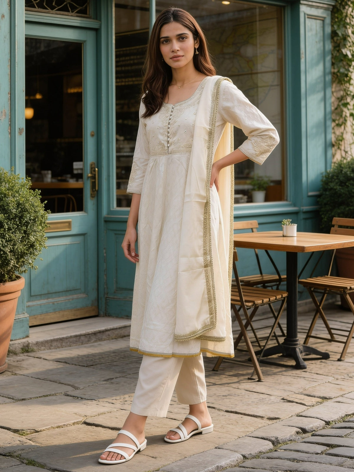Cotton Embroidered Flared Calf Length Kurta With Pant and Dupatta