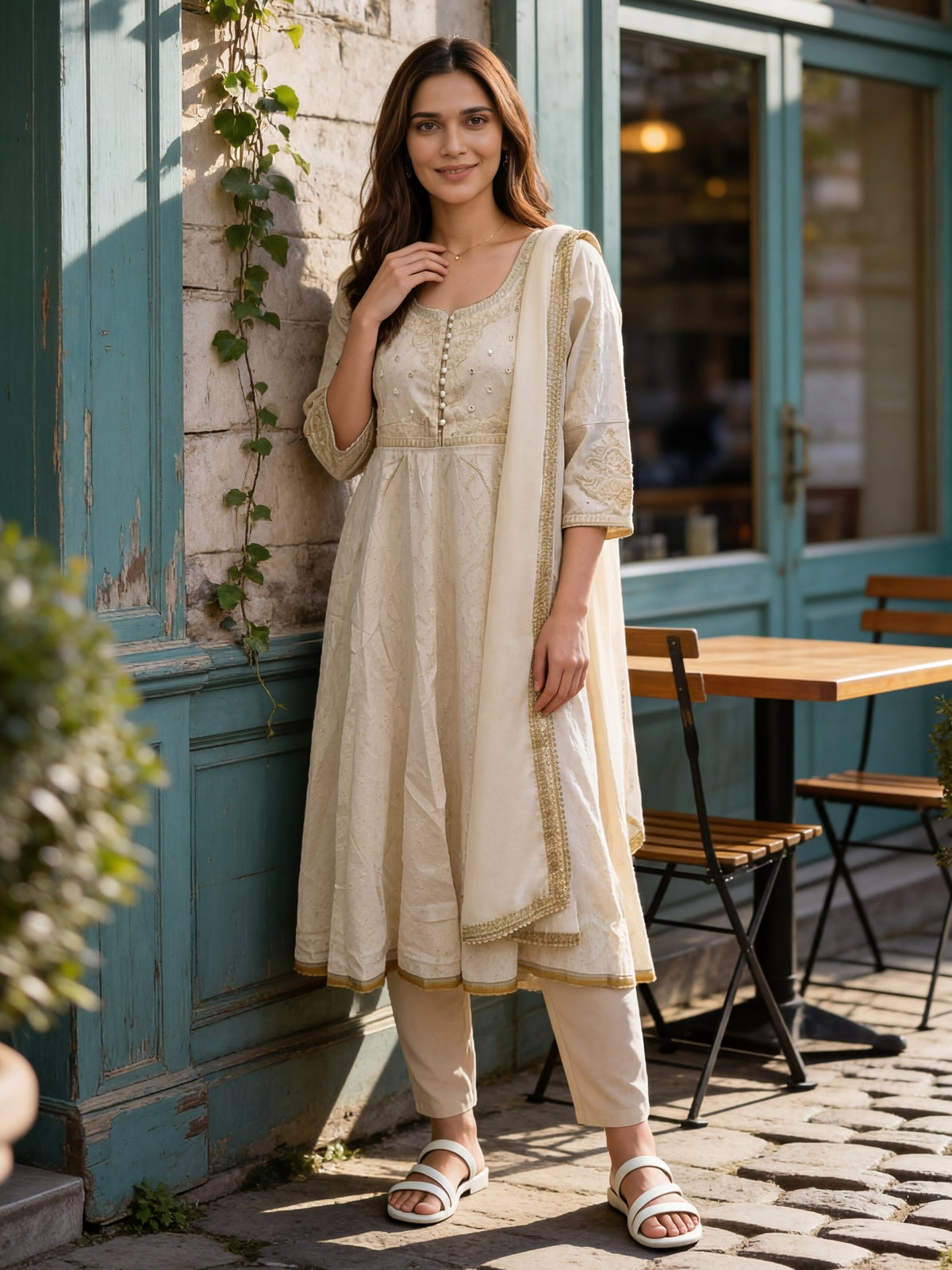 Cotton Embroidered Flared Calf Length Kurta With Pant and Dupatta