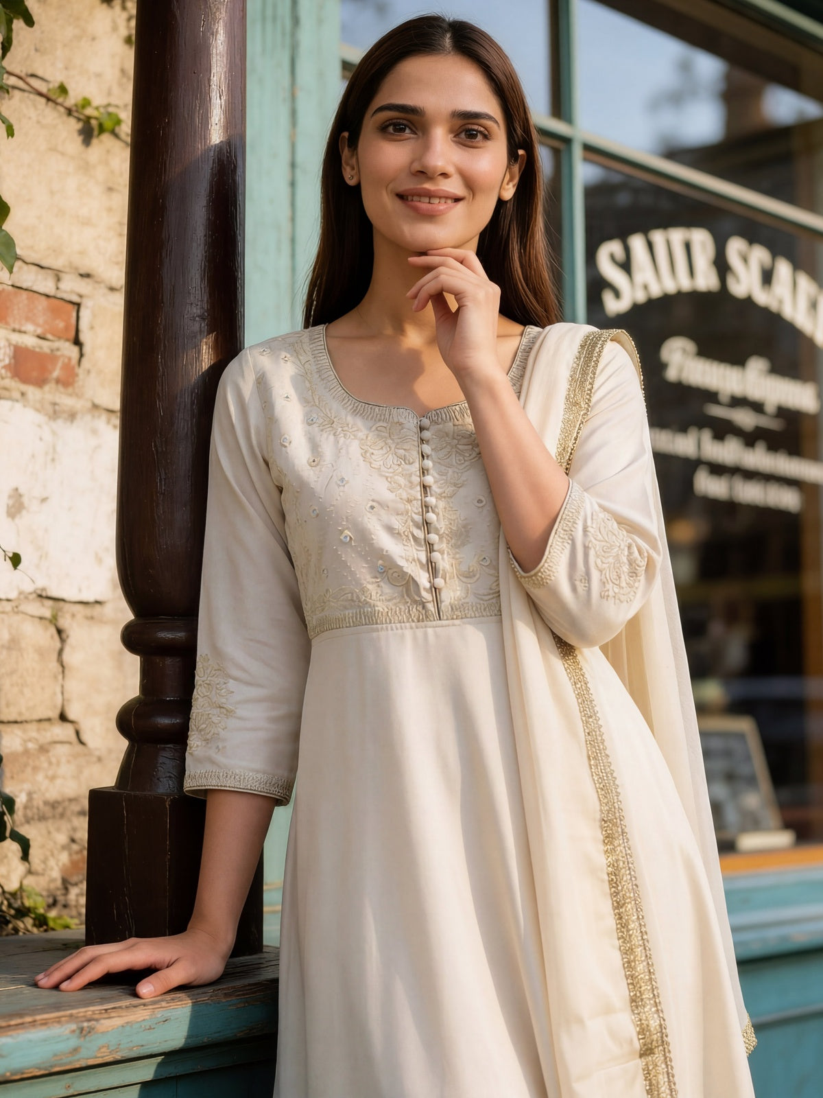 Cotton Embroidered Flared Calf Length Kurta With Pant and Dupatta