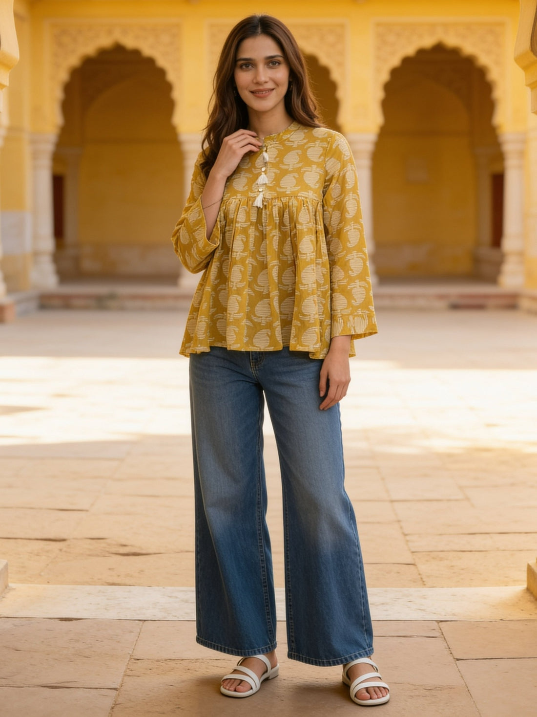 Buy Mustard Cotton Printed A-Line Short Length Short Kurta-Mustard