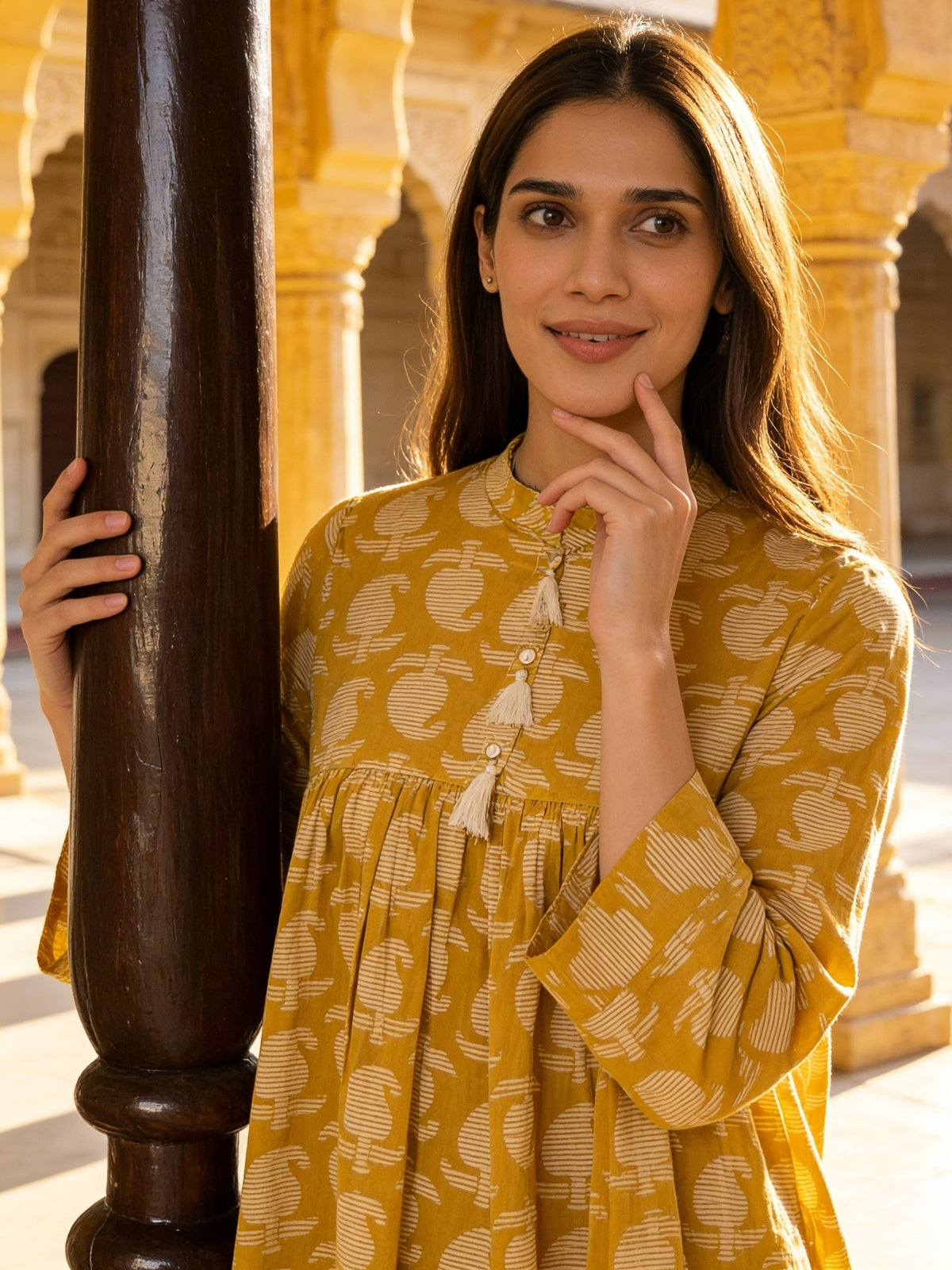 Mustard Cotton Printed A-Line Short Length Short Kurta