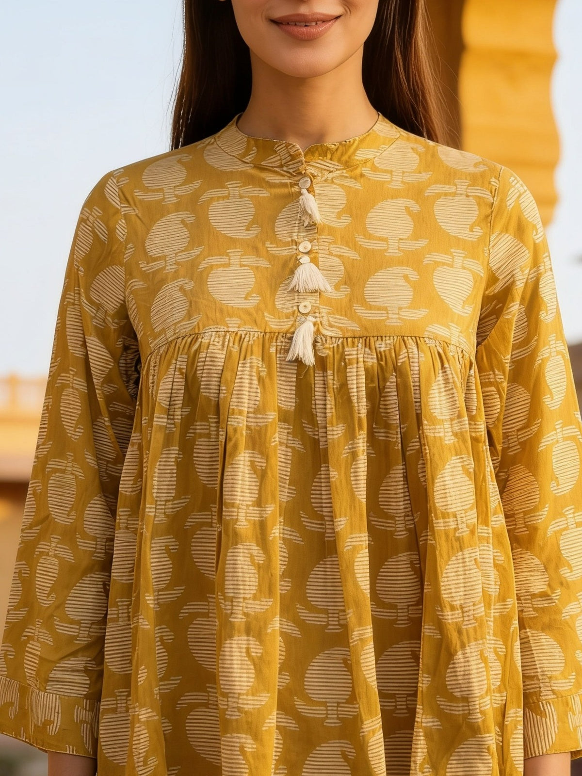 Mustard Cotton Printed A-Line Short Length Short Kurta