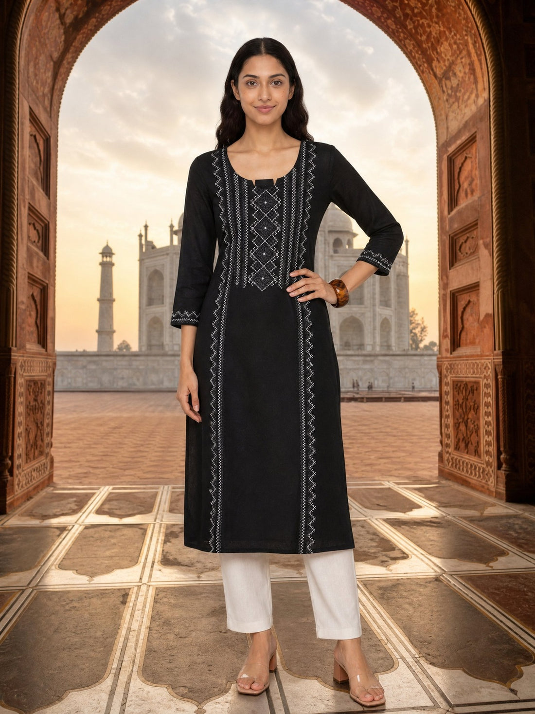 Buy Rayon Embroidered Straight Calf Length Kurta-Black