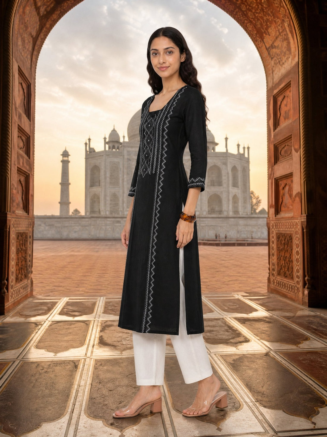 Buy Rayon Embroidered Straight Calf Length Kurta-Black
