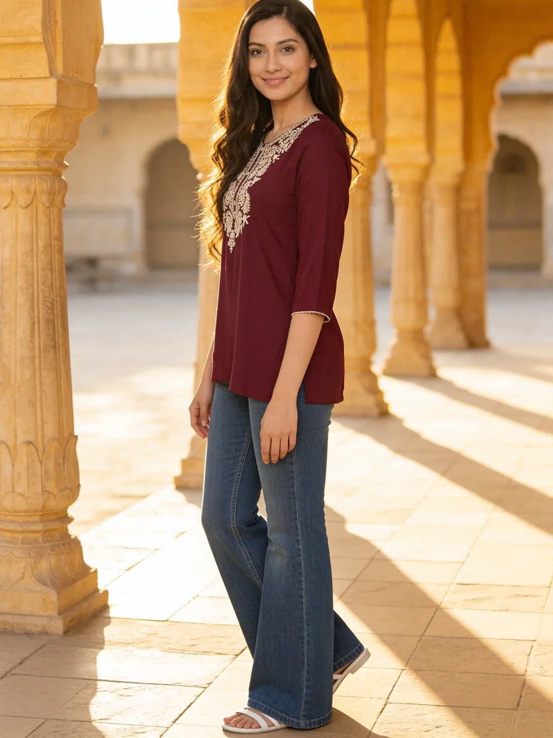 Buy Wine Rayon Embroidered A-Line Calf Length Short Kurti-Wine