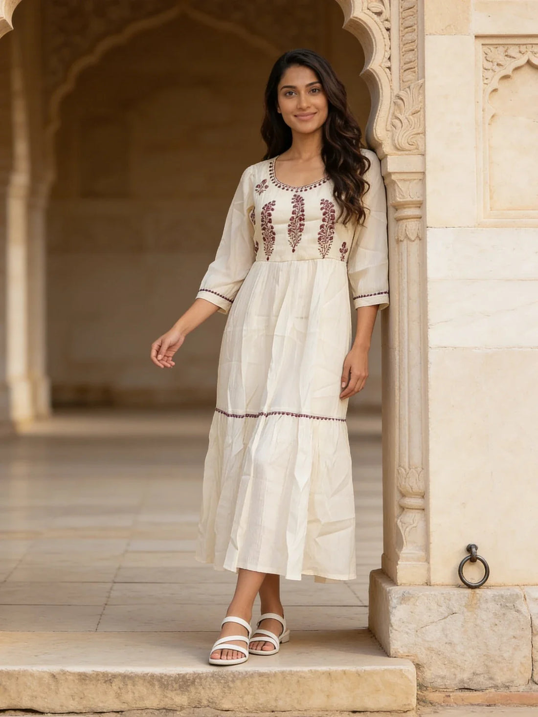Buy Rayon Embroidered Tiered Calf Length Dress-White