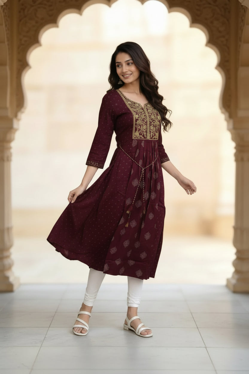 Buy Rayon Embroidered Flared Calf Length Kurta-Maroon