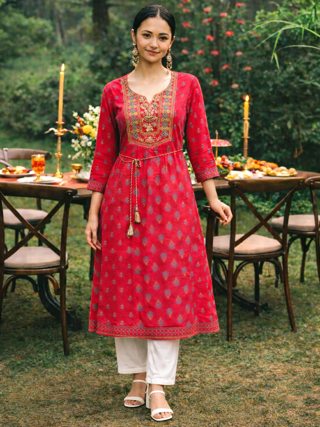 Buy Rayon Embroidered Flared Calf Length Dress-Fuchsia