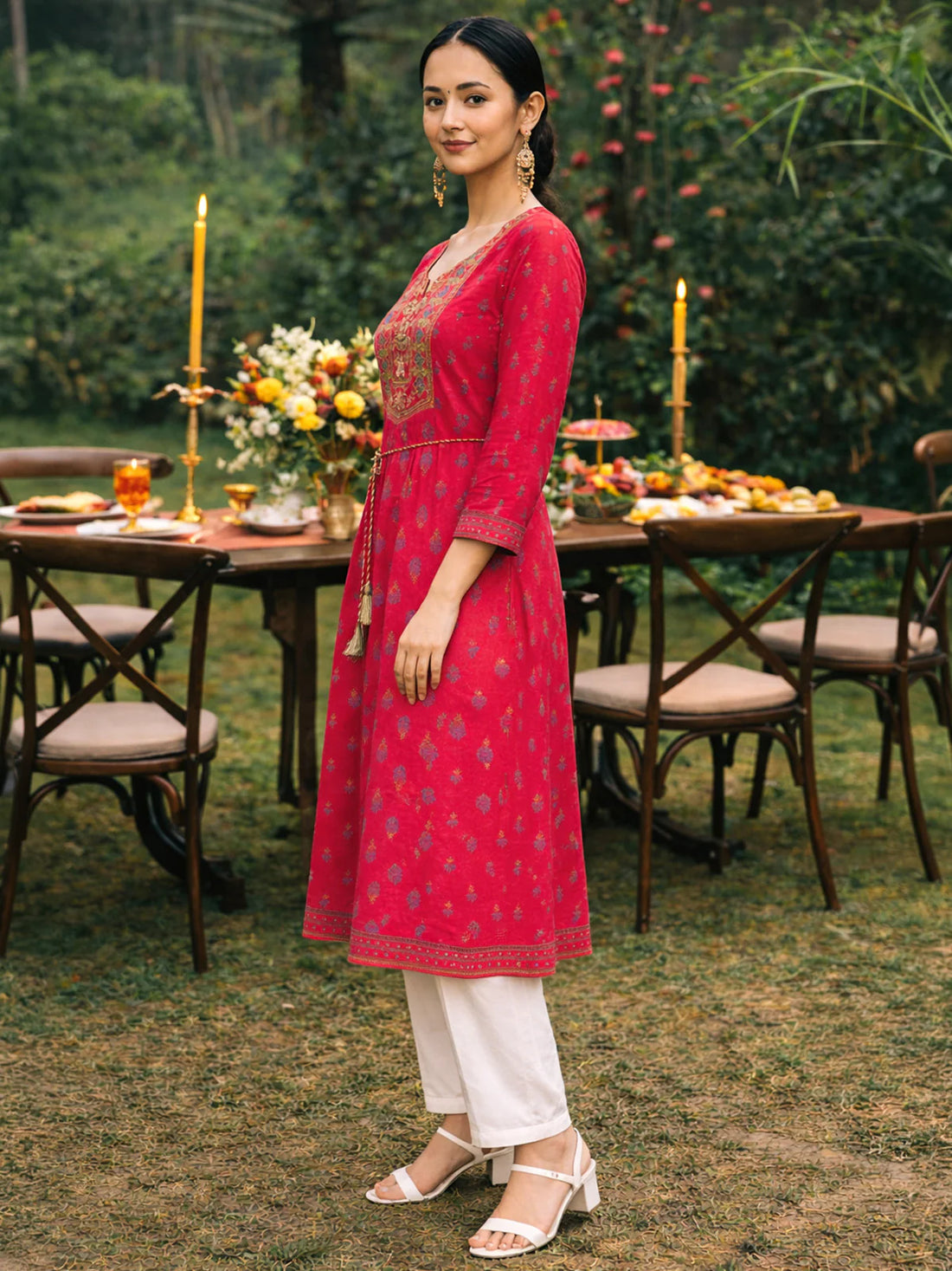 Buy Rayon Embroidered Flared Calf Length Dress-Fuchsia