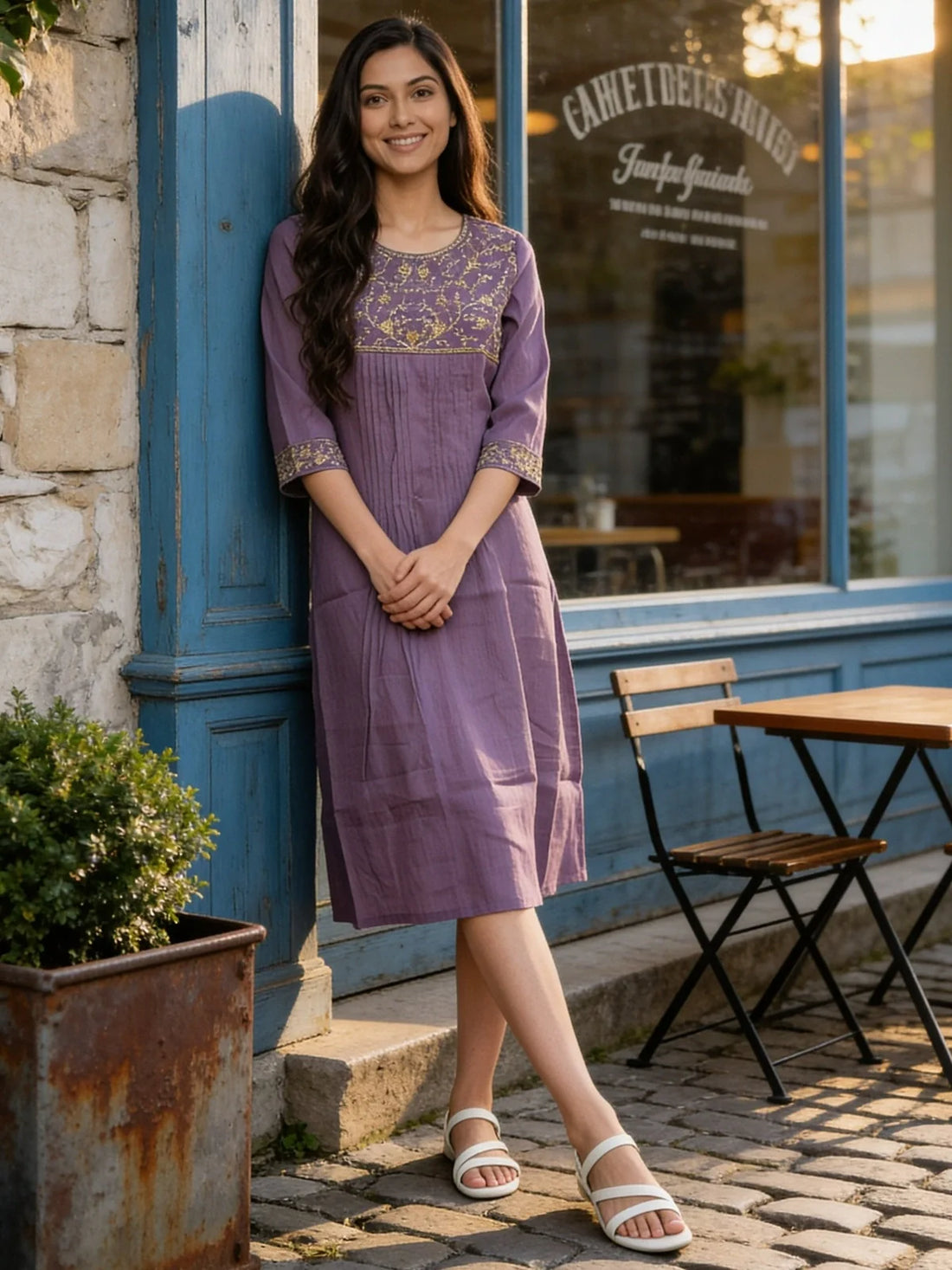 Buy Poly Viscose Embroidered Flared Calf Length Kurta With Pant and Dupatta-Purple