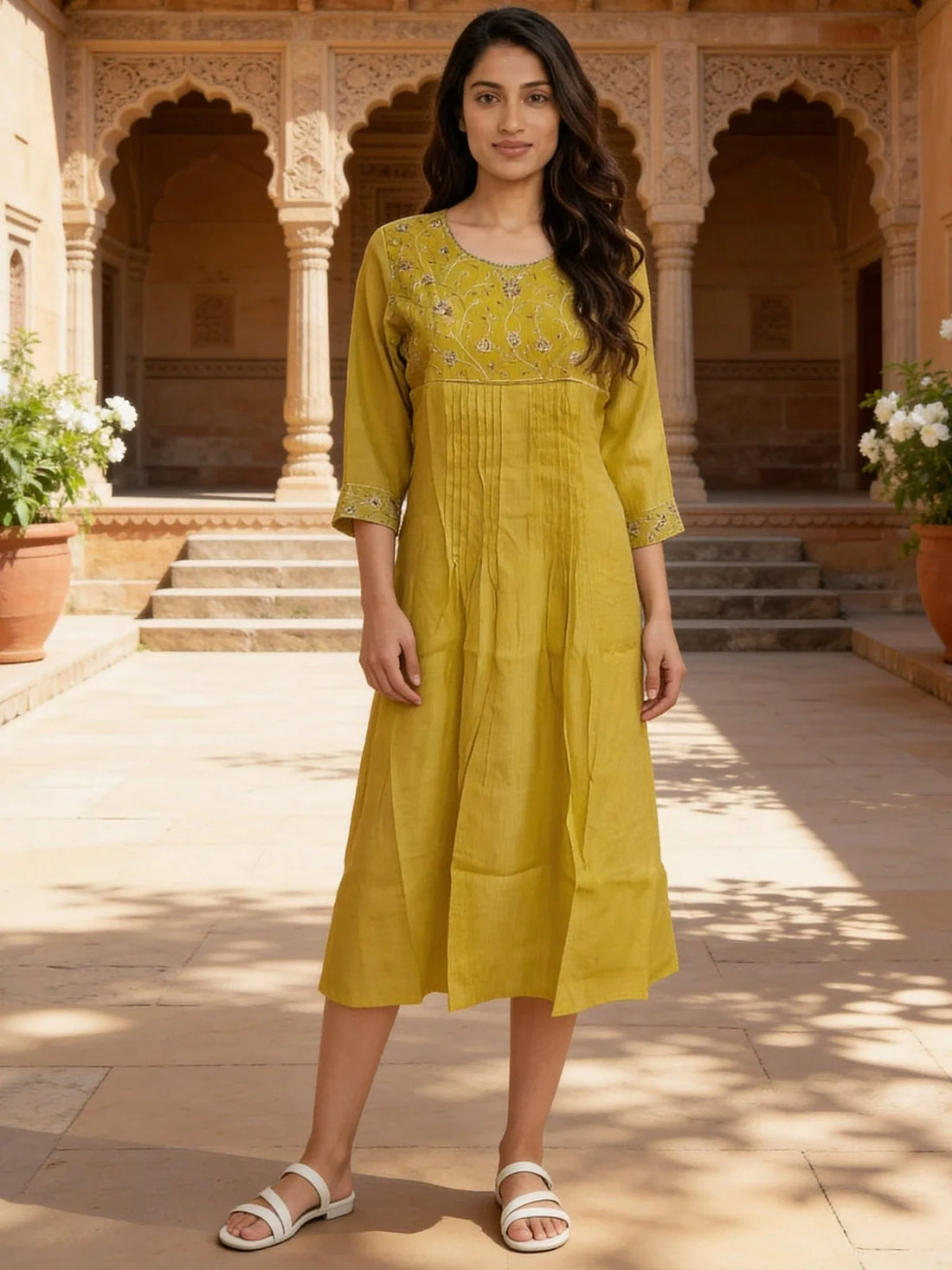 Buy Poly Viscose Embroidered Flared Calf Length Dress-Yellow