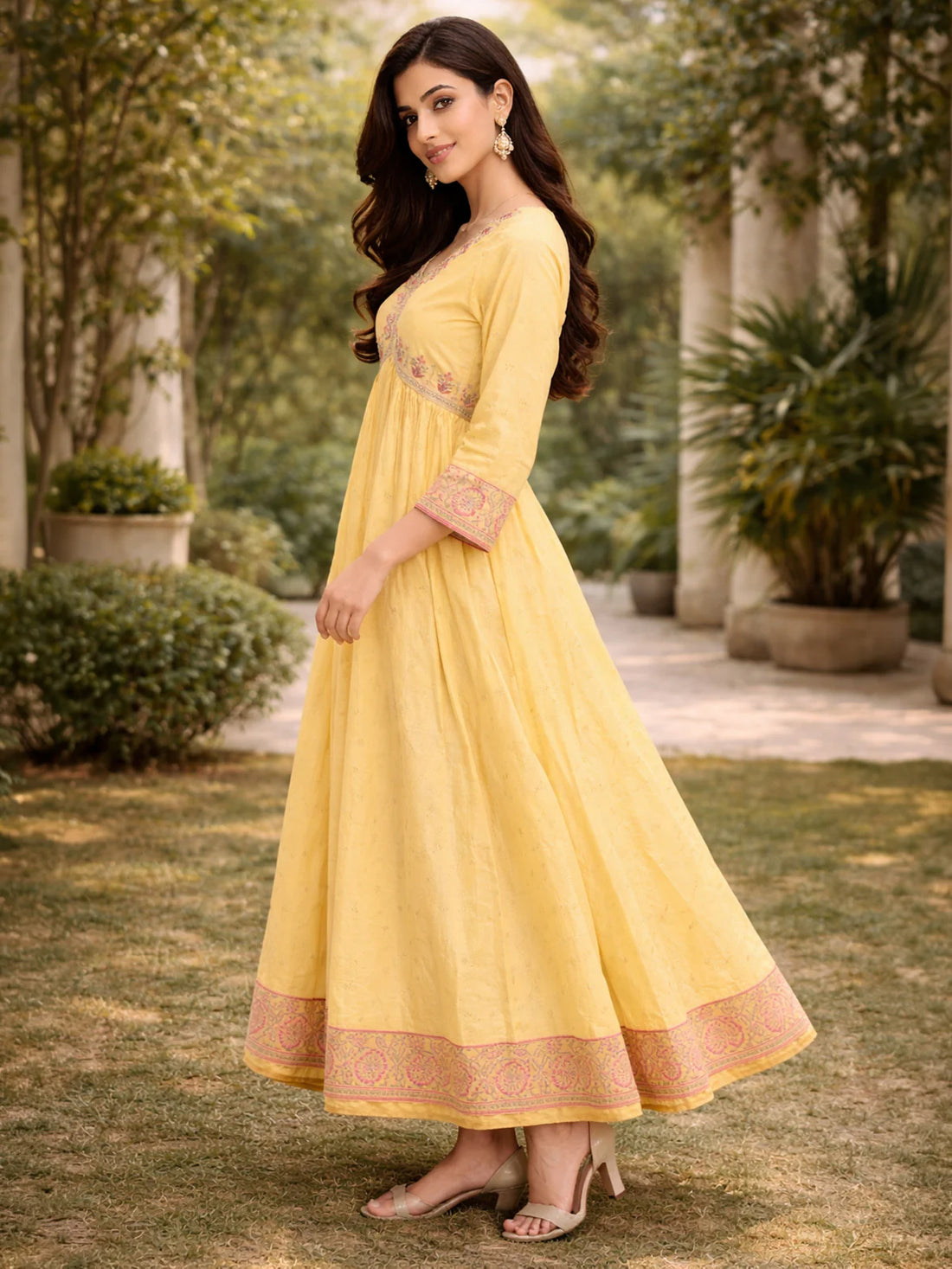 Buy Poly Viscose Embroidered Flared Calf Length Dress-Yellow