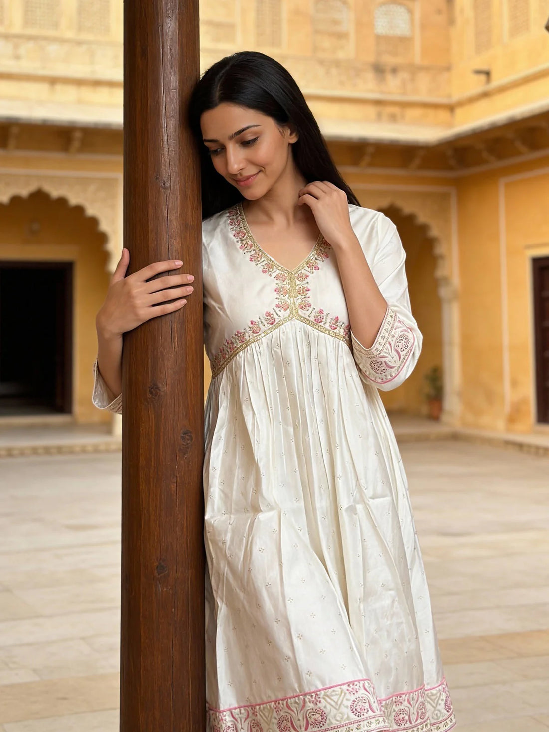 Buy Poly Viscose Embroidered Flared Calf Length Dress-White