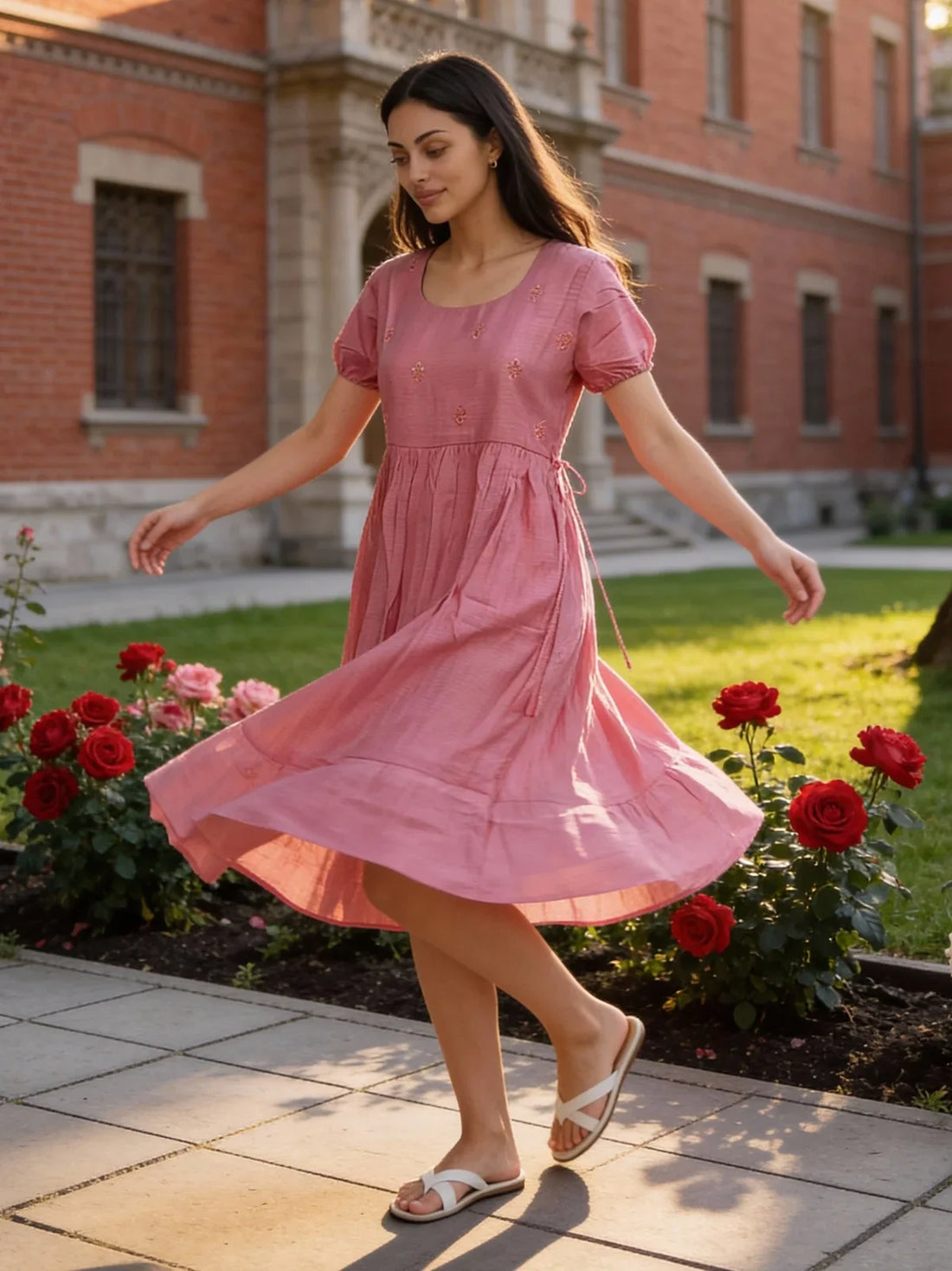 Buy Poly Viscose Embroidered Flared Calf Length Dress-Fuchsia